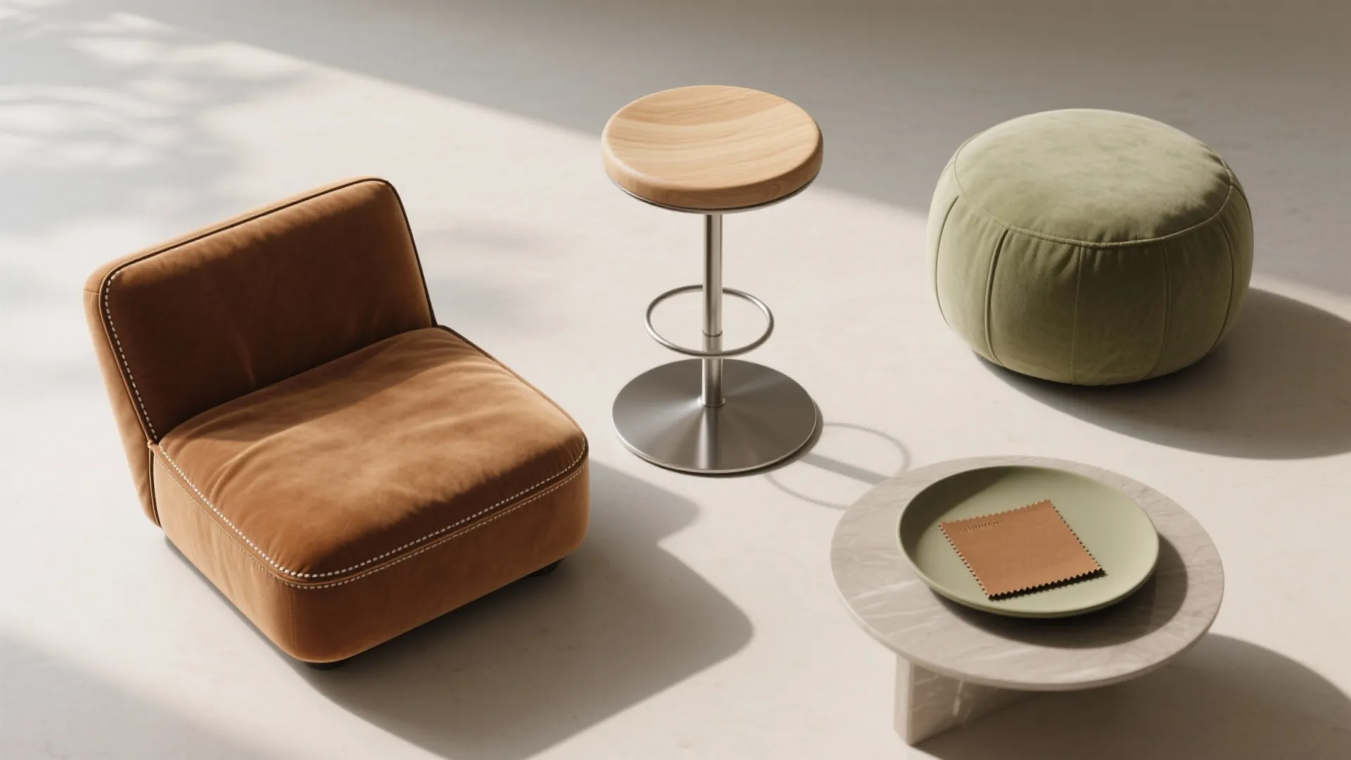 Idea 4: Layer perch seating—poufs, stools, and nesting tables