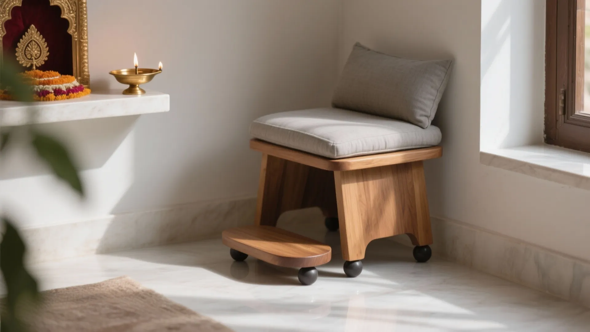 Perch-height pooja stool with footrest for elders