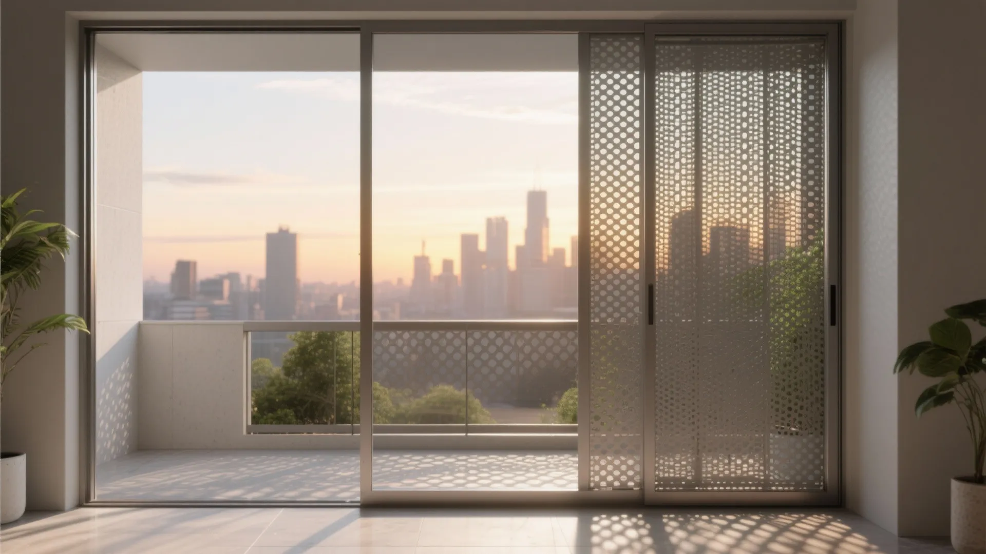 Modern balcony with sliding glass doors overlooking a city skyline at sunset with green plants