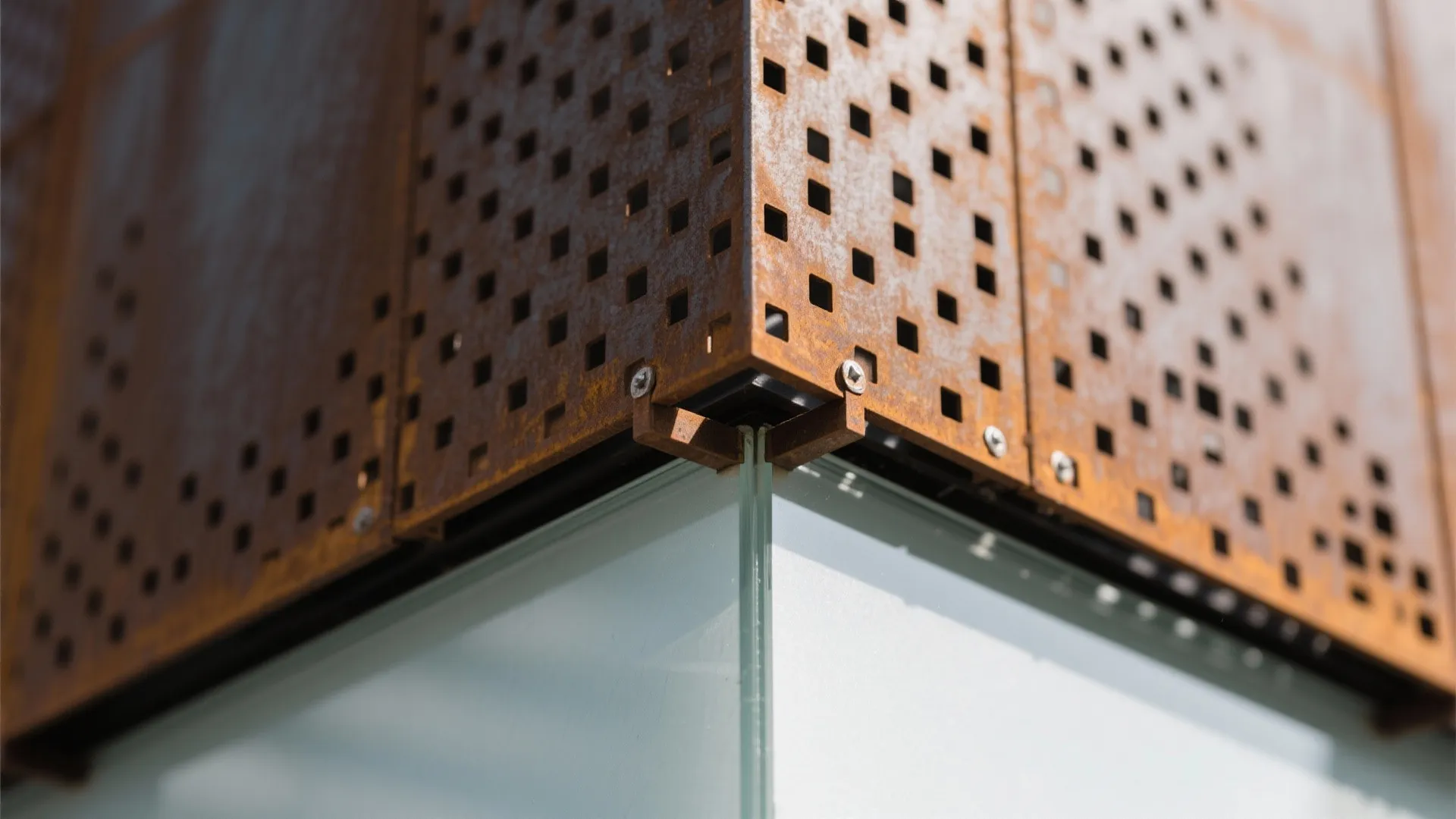 Close up of a rusty metal screen with small square holes attached to glass panels