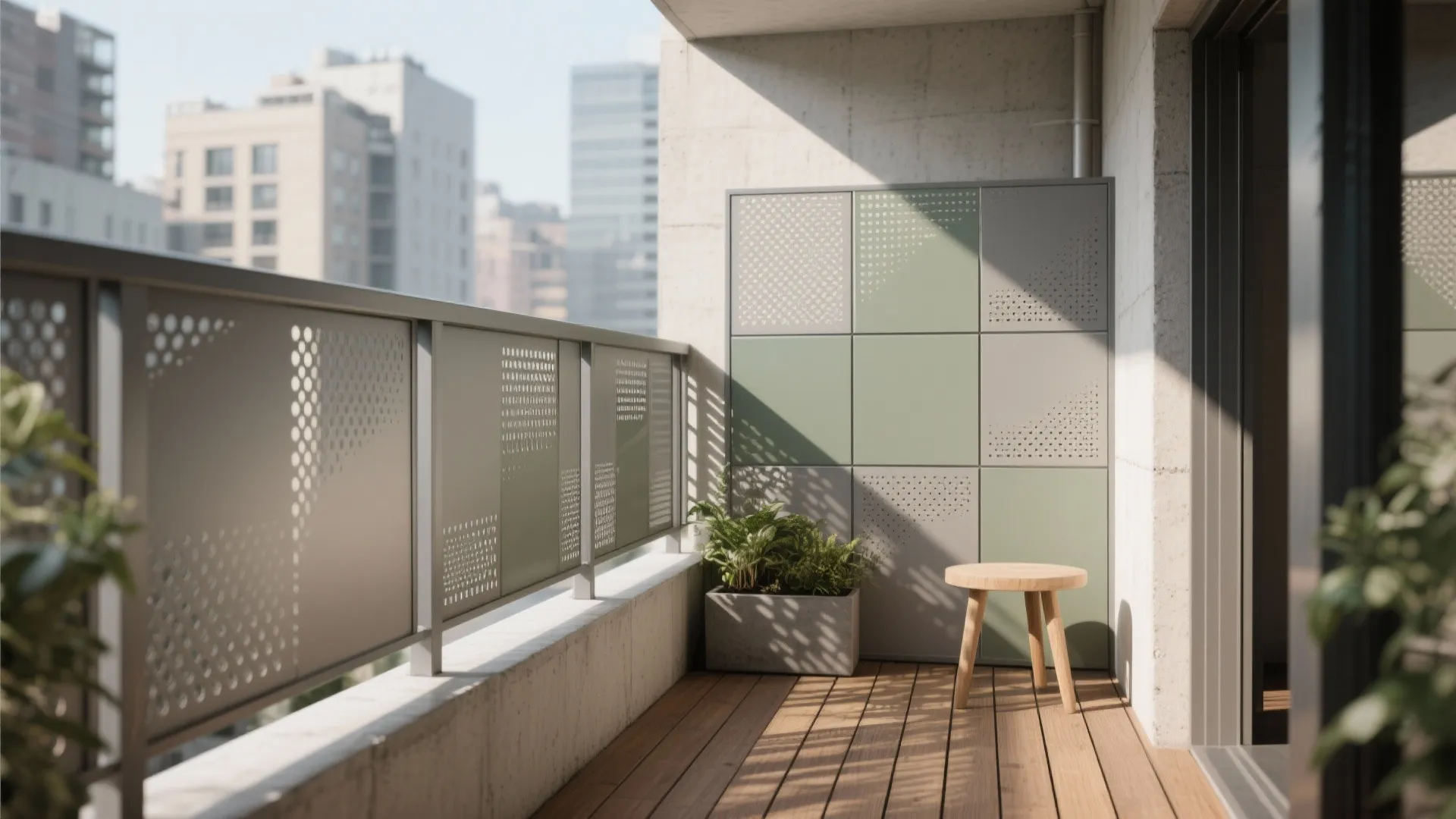 Modern balcony featuring metal screen panels with decorative hole patterns a wooden stool and green plants