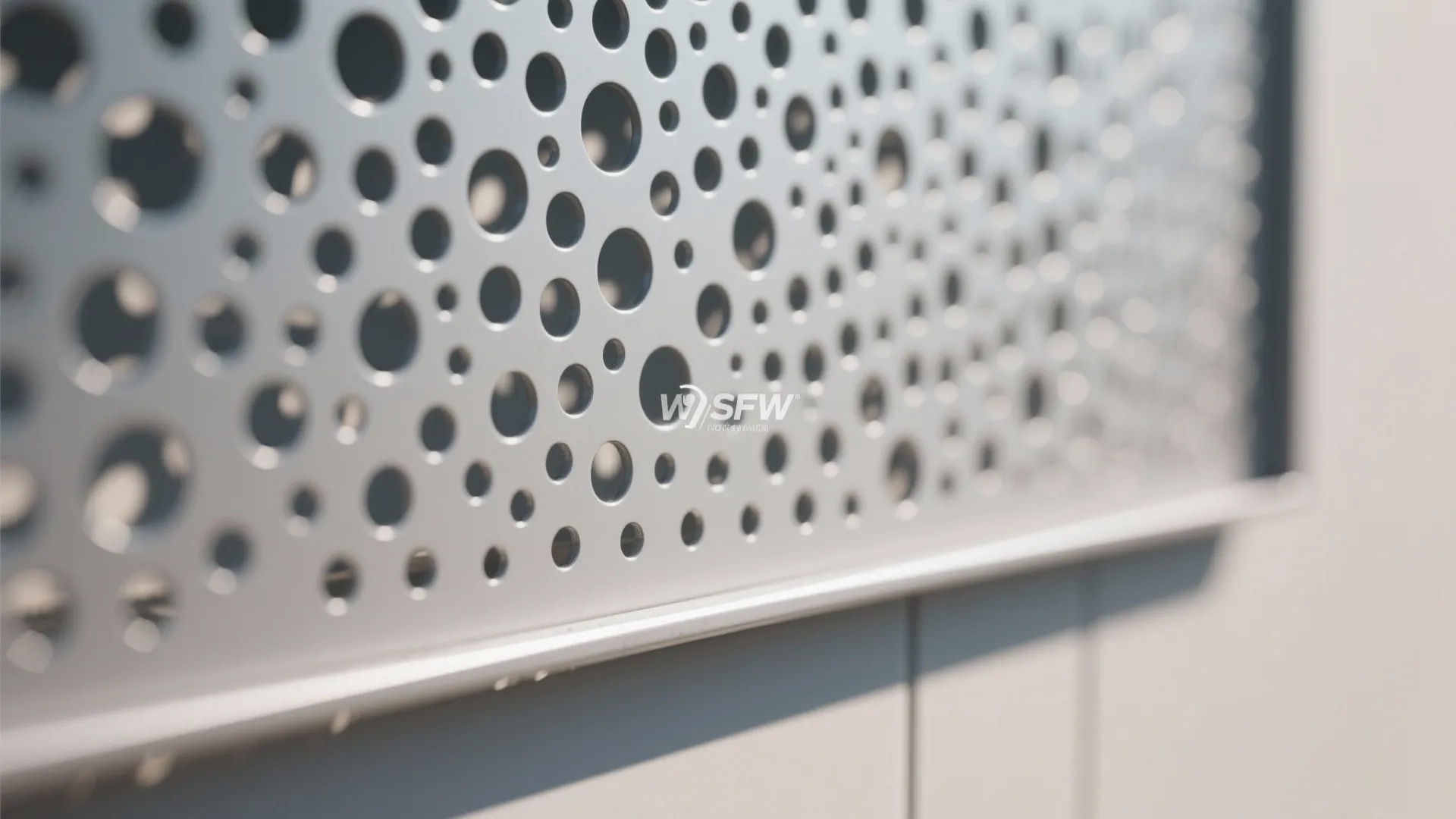 Close up of grey perforated metal panel with various sized circular holes for balcony railing
