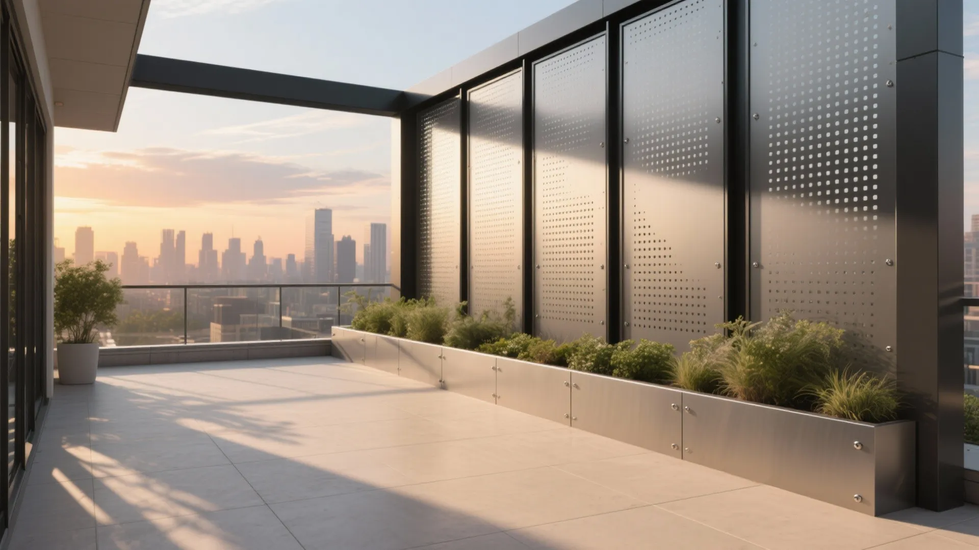 Modern rooftop balcony design with metal wall panels green plants and a city sunset view
