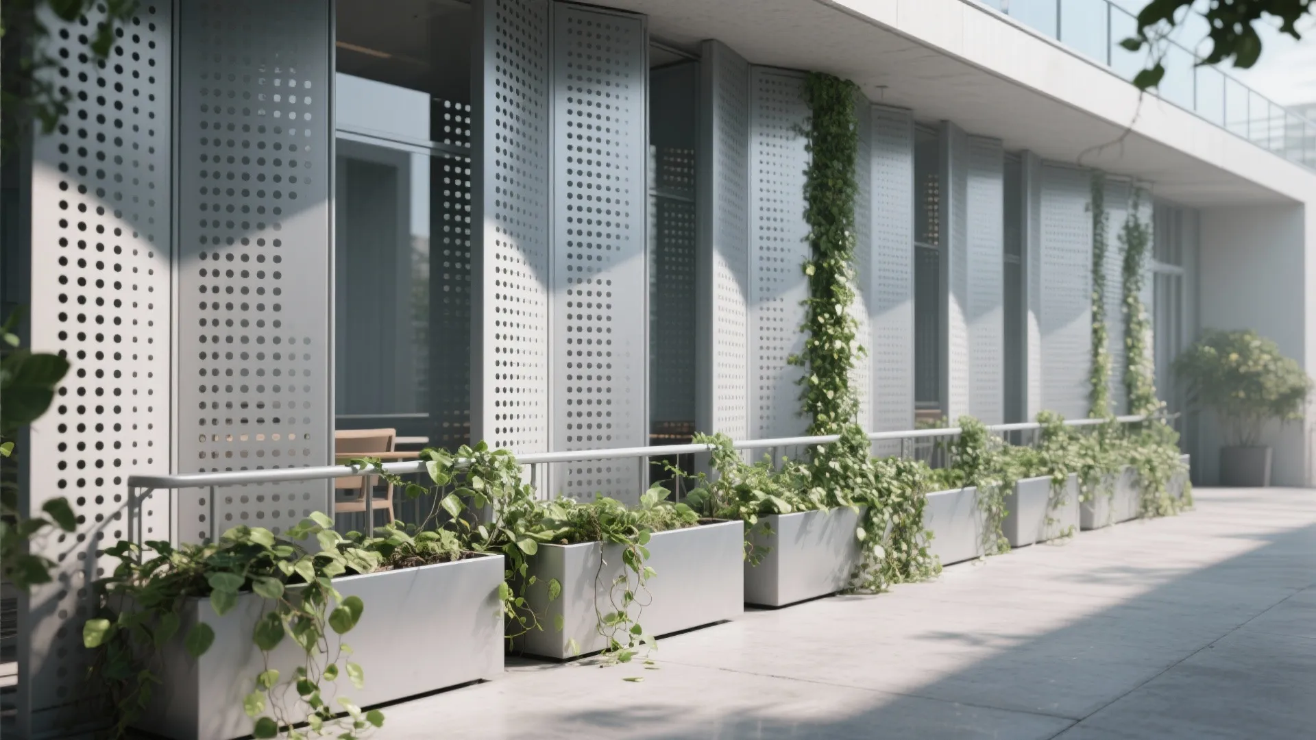 Modern outdoor balcony with grey perforated wall panels white planters and green climbing plants under sunlight