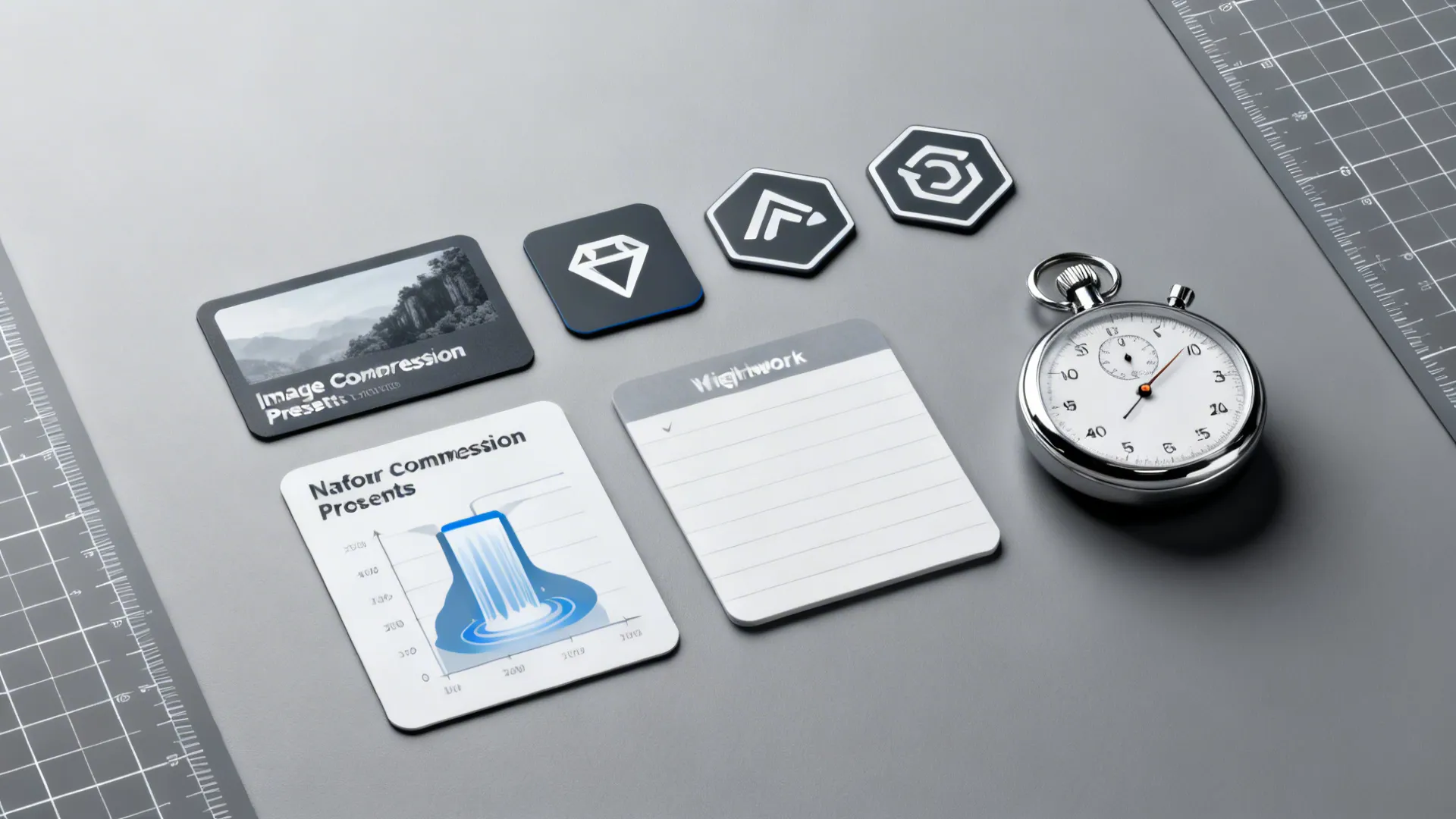 Top-down flat lay of performance optimization tools and diagrams arranged on a matte gray surface.