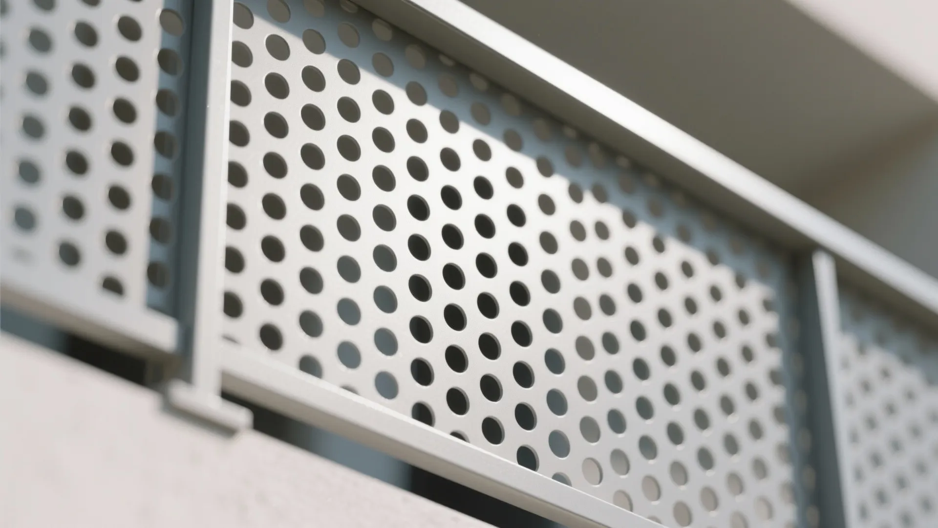 Close up detail of a grey metal railing with many small circular holes in the sunlight