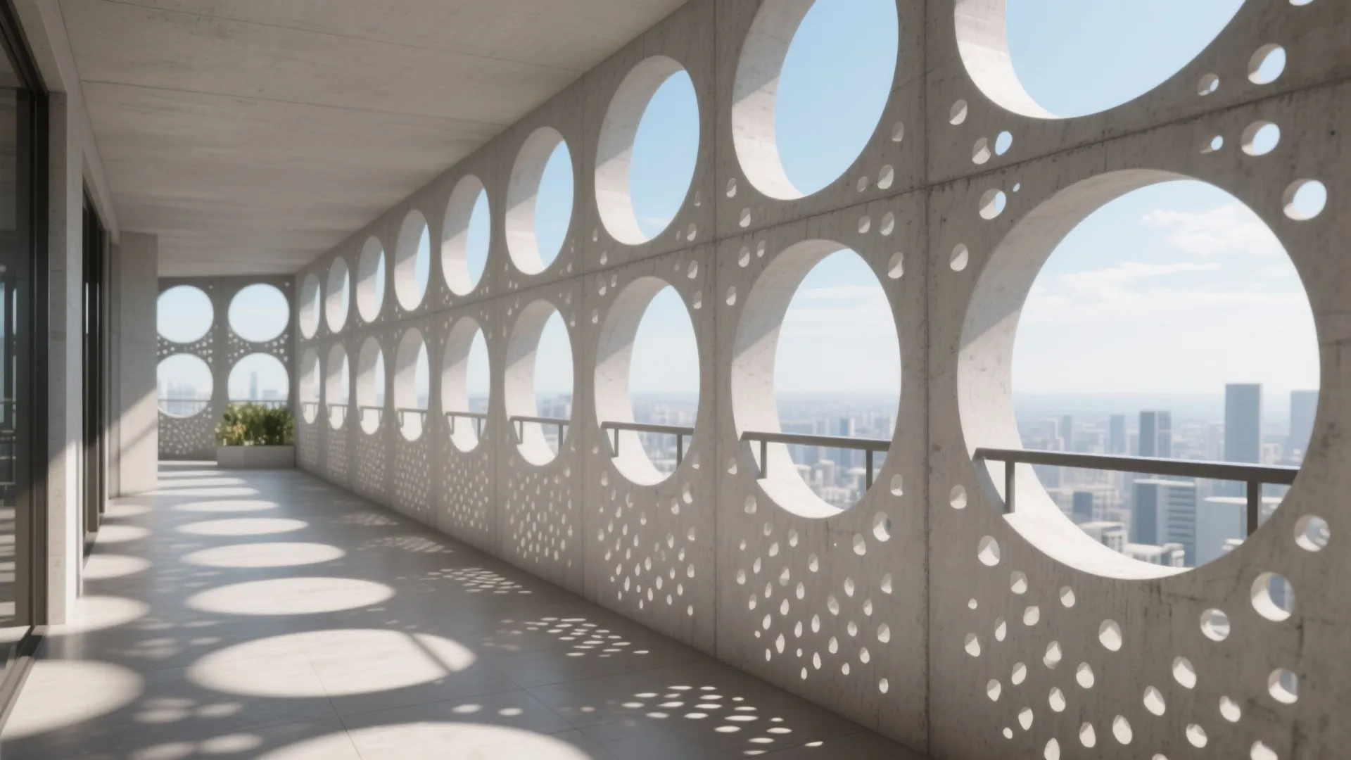 Modern balcony with white concrete wall featuring many circular holes and shadows on tiled floor