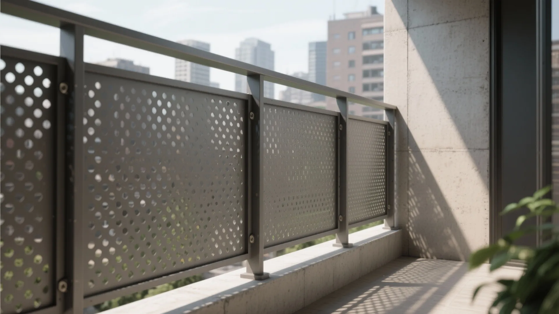 Warm gray perforated steel balcony panels in matte powder coat provide privacy while letting air and light through