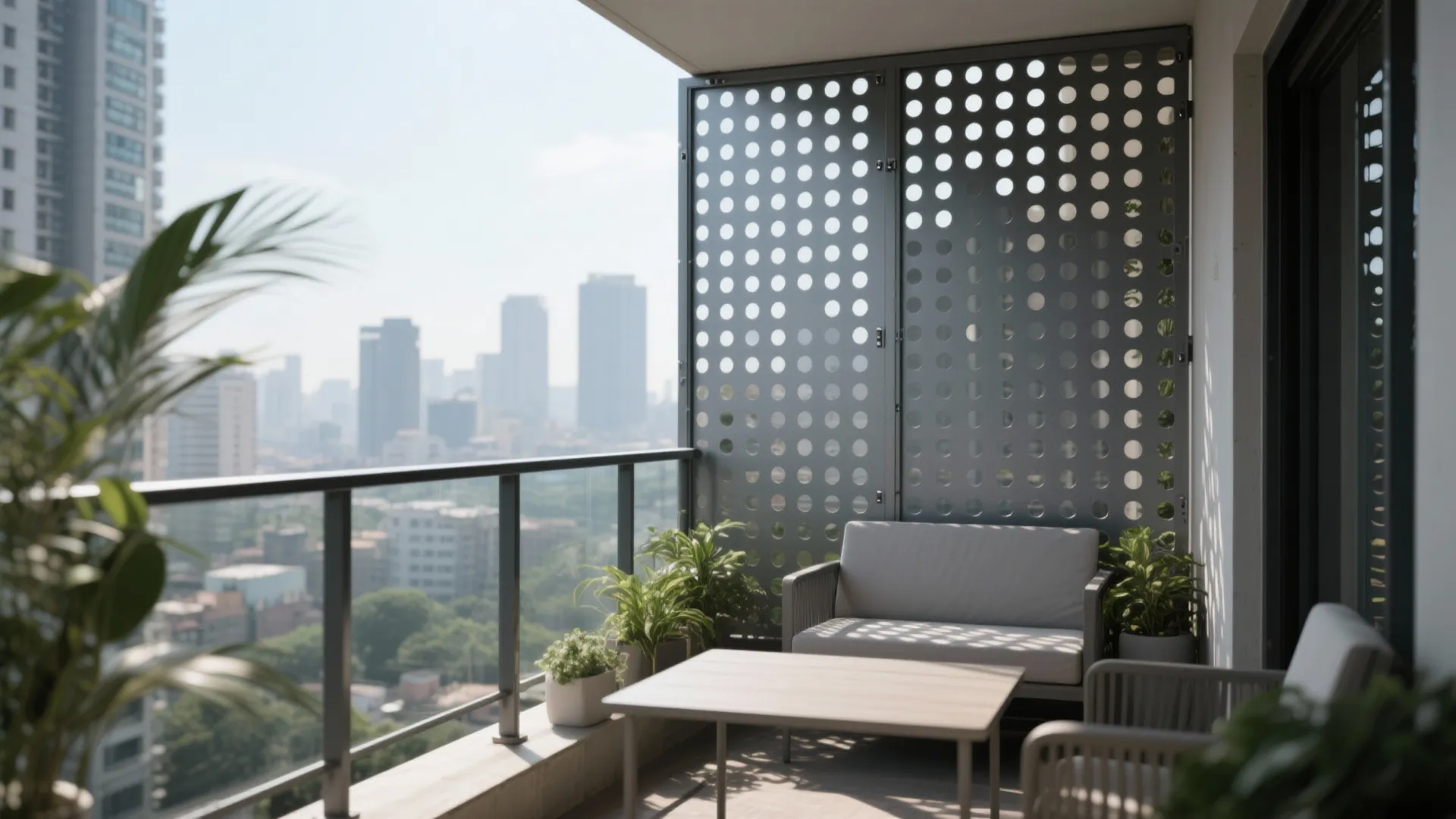 Modern outdoor balcony with grey sofa, small table, green plants, metal privacy screen, and skyline