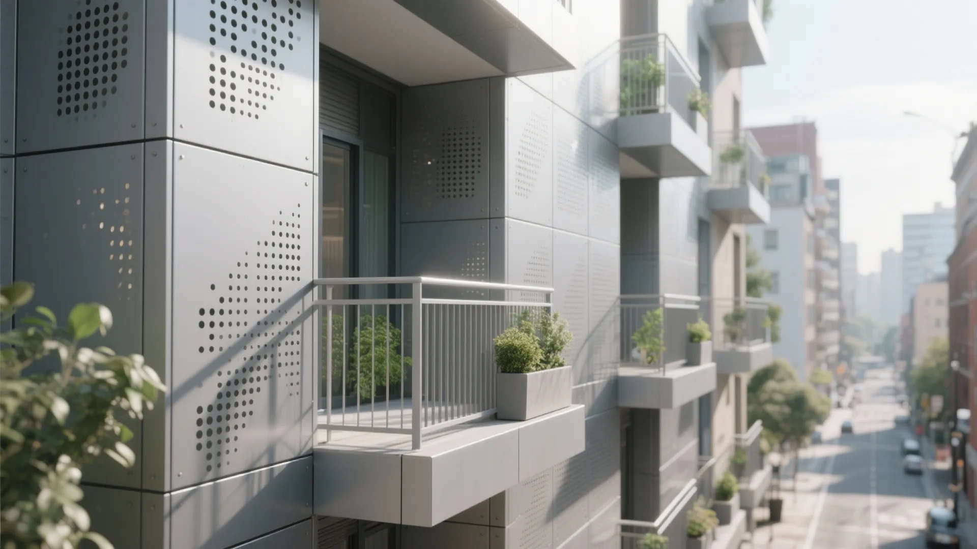 Perforated aluminum balcony panels diffuse light for privacy and airflow.