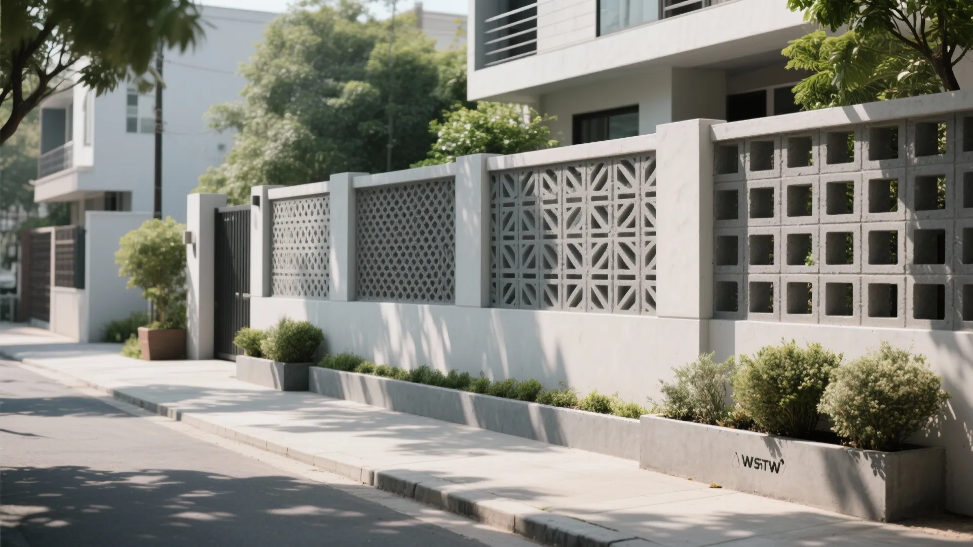 White decorative concrete wall with geometric patterns next to a sidewalk with small green garden plants