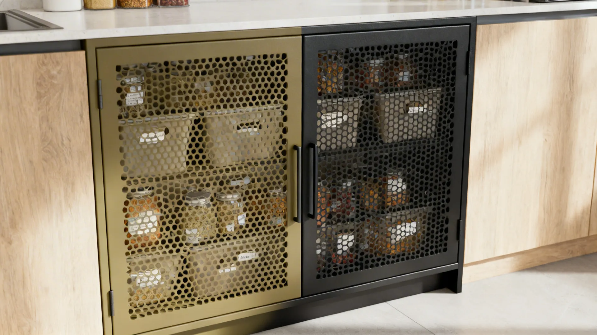 Perforated metal jali cabinet doors reveal tidy storage and enhance airflow in a small kitchen.