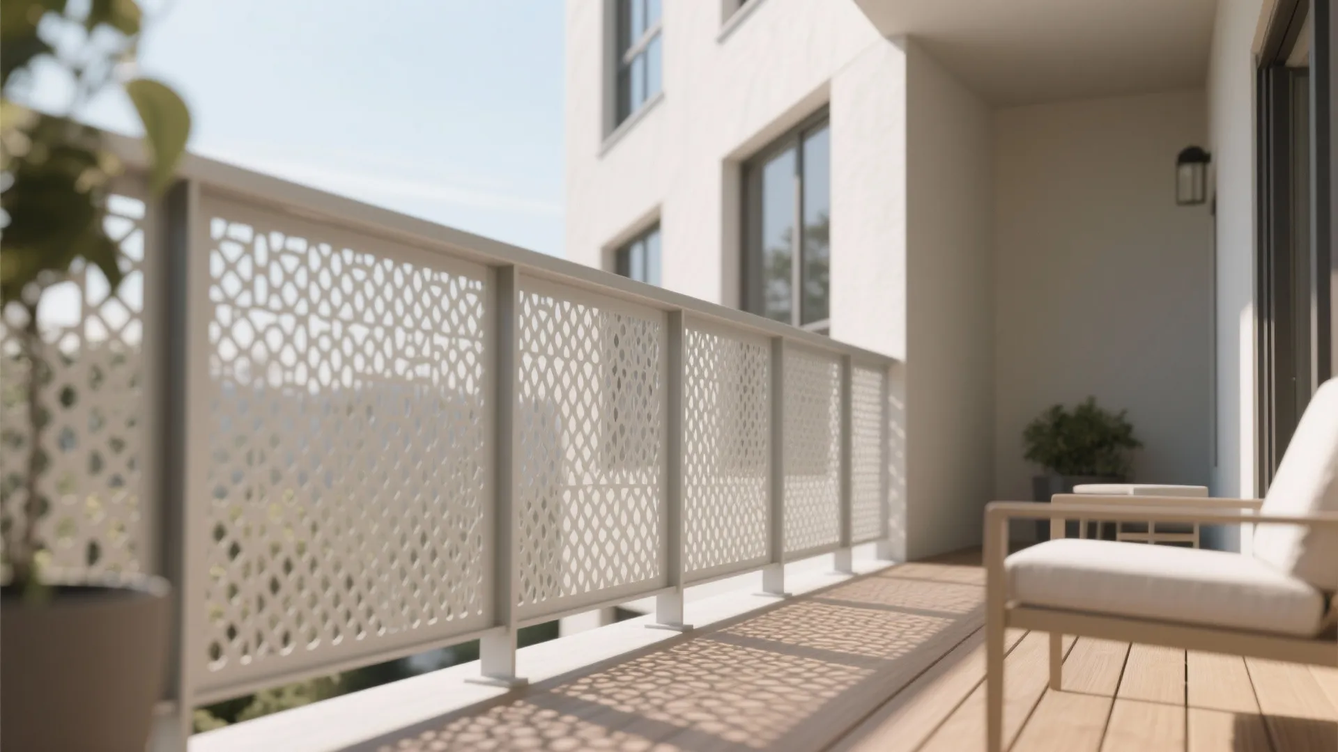 Modern balcony with white patterned railing wooden floor outdoor chair wall light and bright natural sunlight