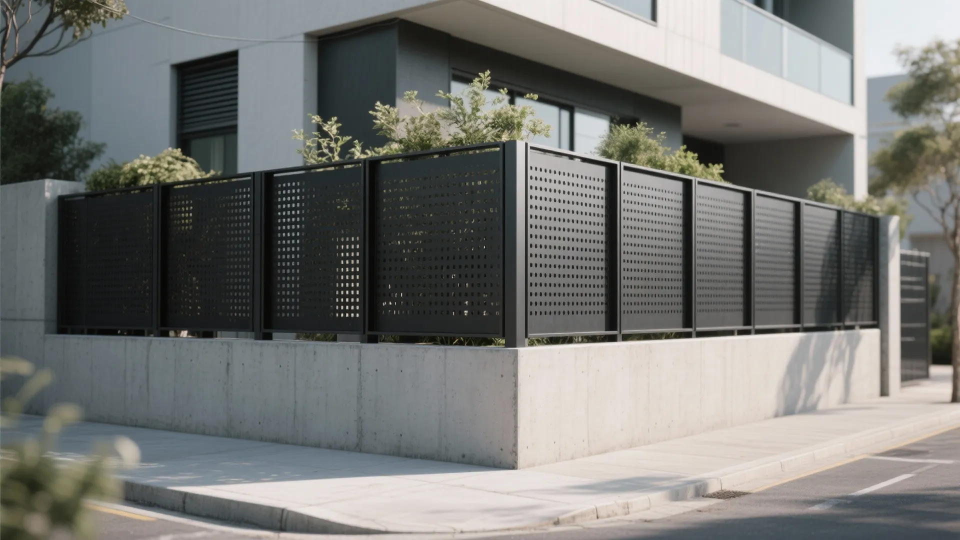 Perforated metal + solid wall combo for graded privacy