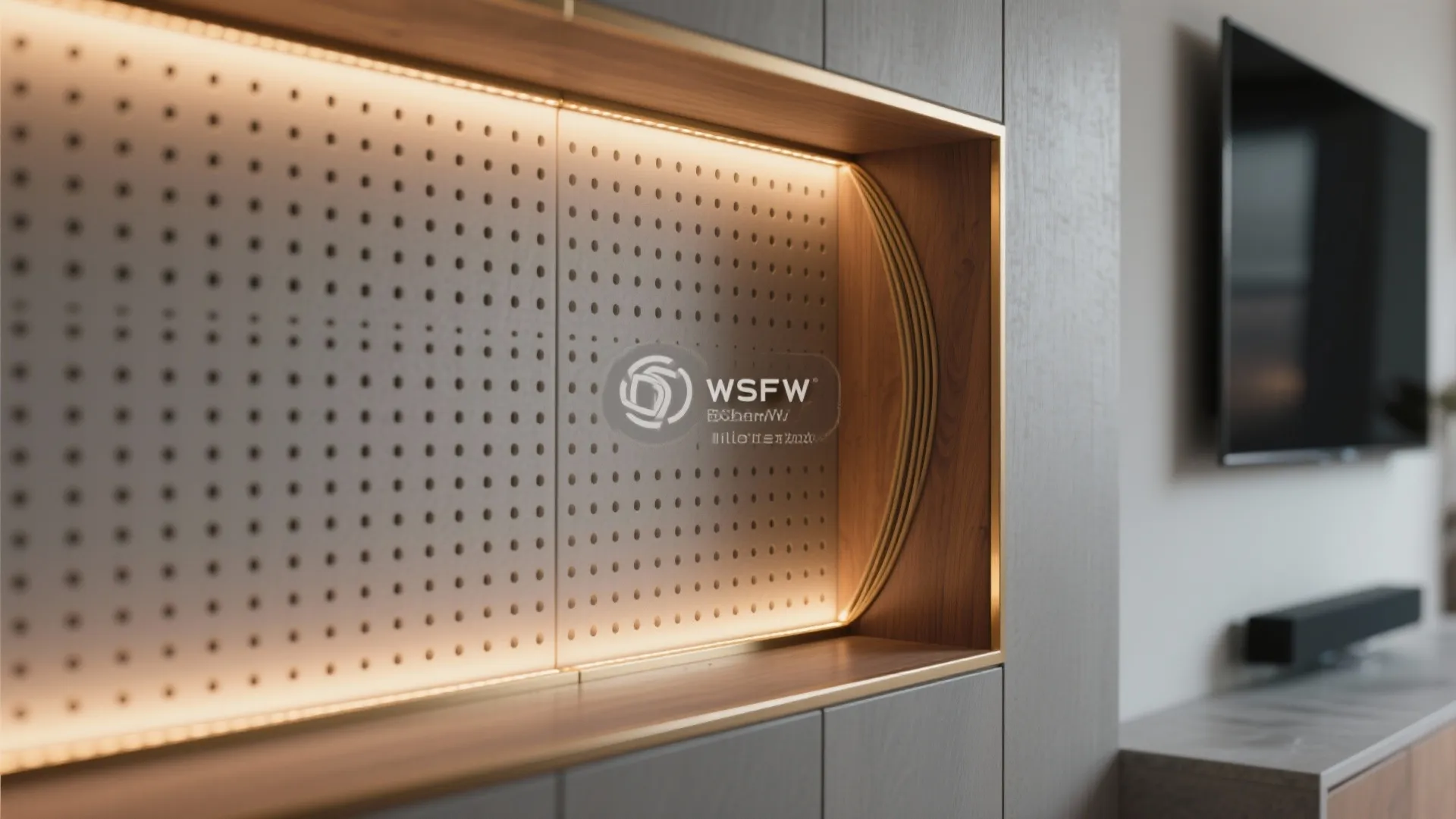 Close up view of wall panel with small holes and warm light inside a wooden cabinet