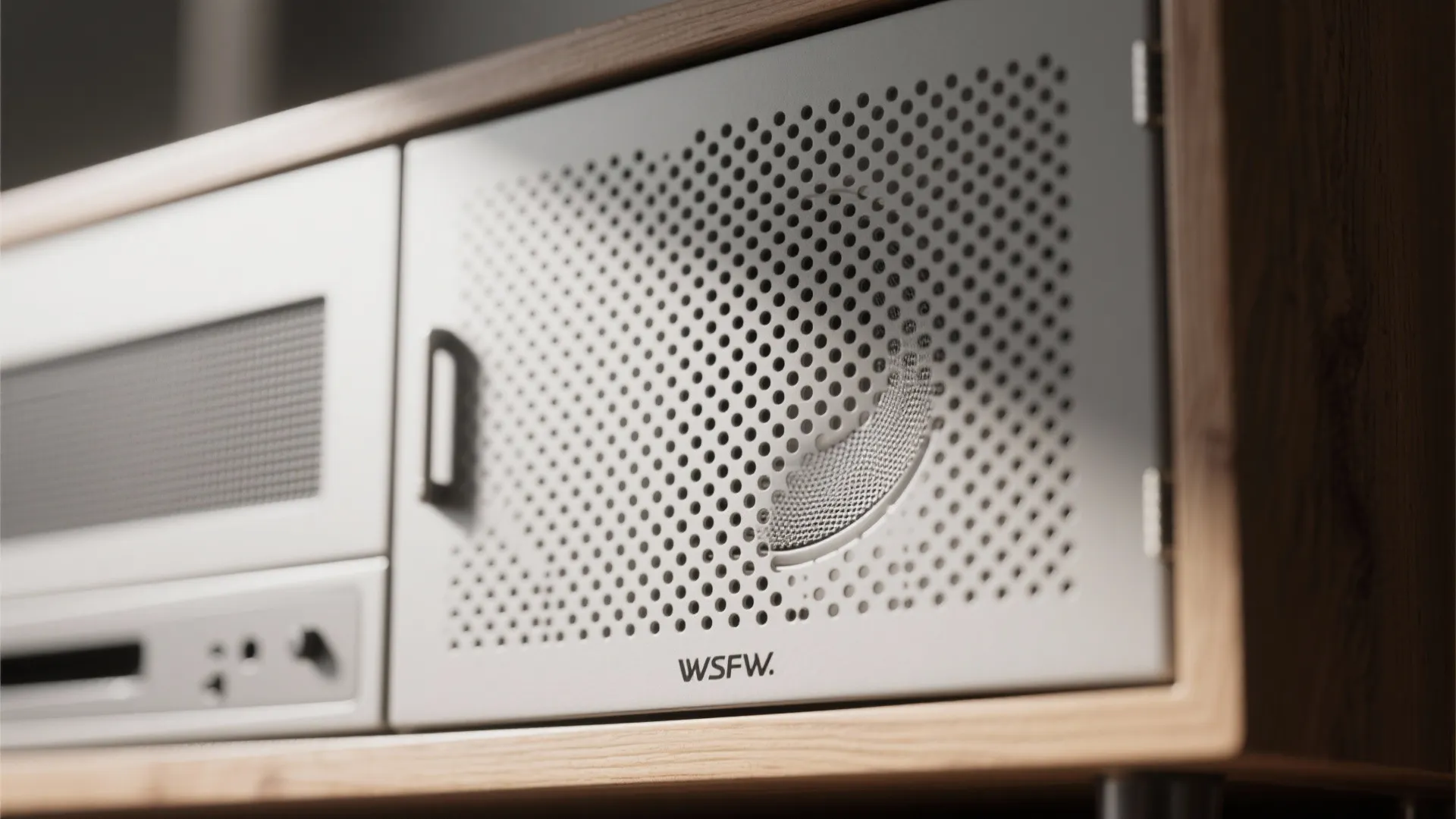 Close up of a wooden cabinet with a white perforated metal sliding door and small handle