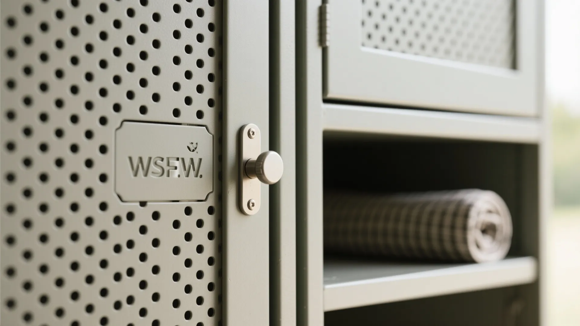 Close up of a grey metal cabinet with small holes and a simple round door handle