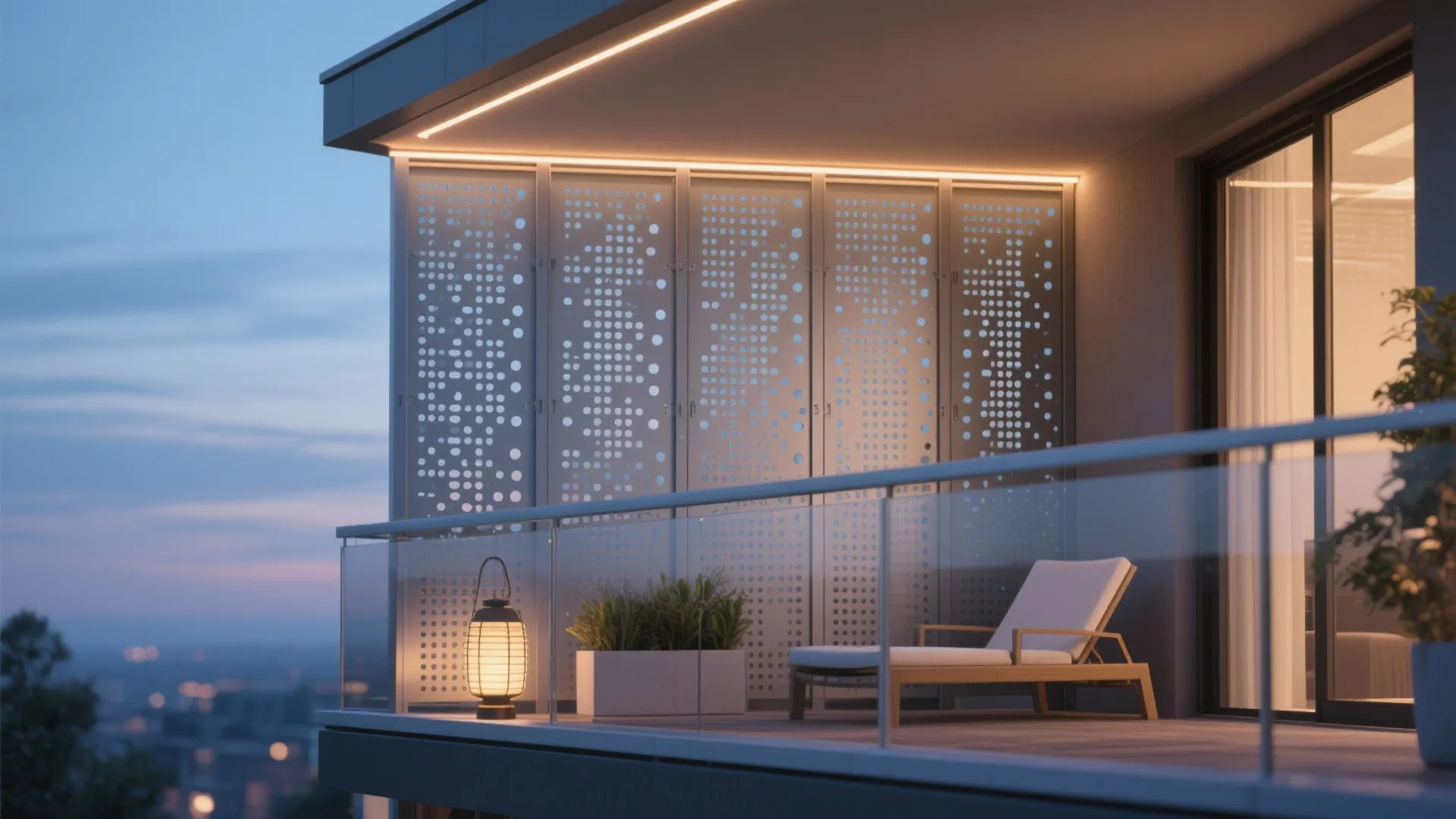 Perforated aluminum balcony panels with warm dusk lighting creating a lantern-like glow.