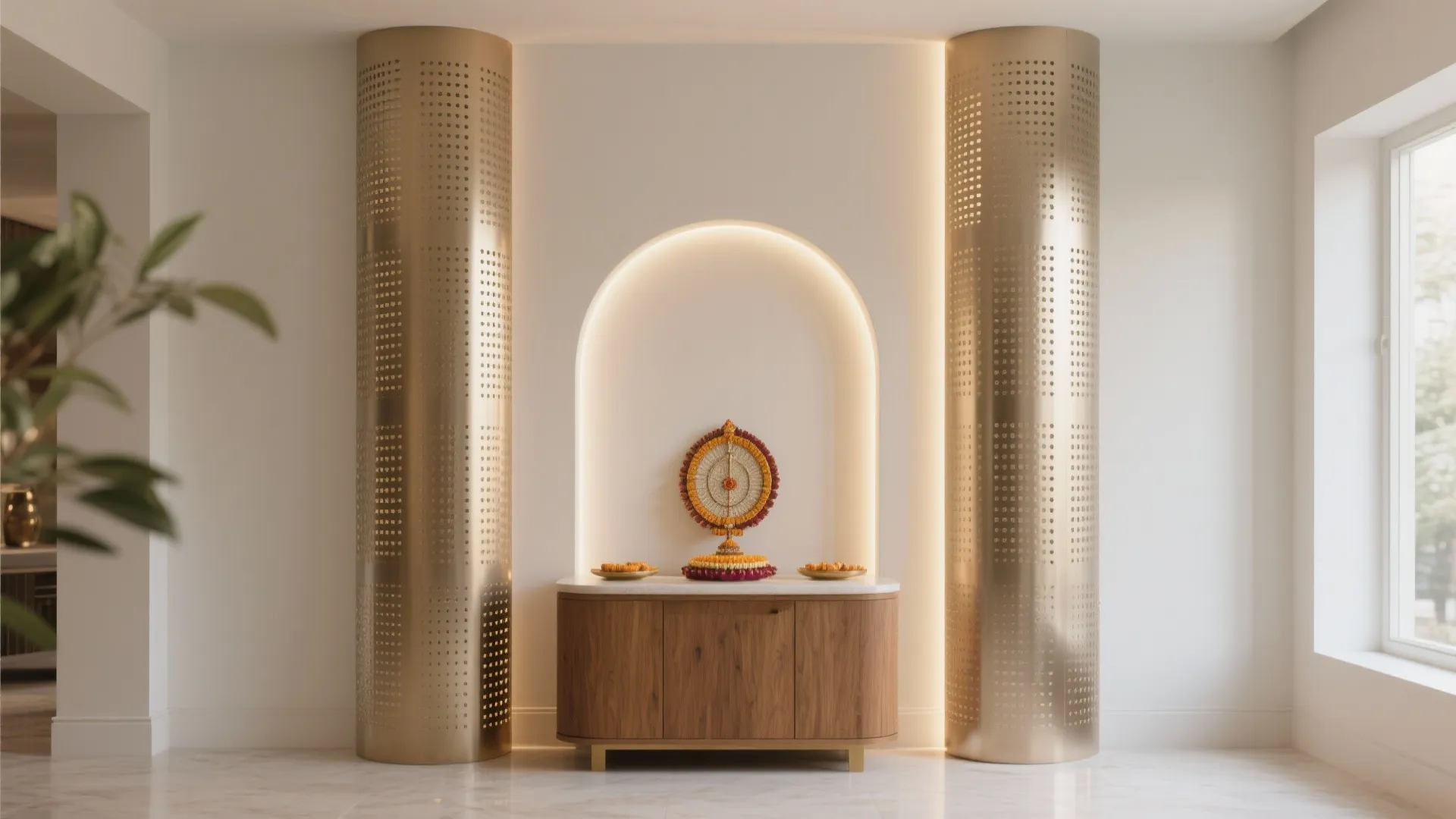 Perforated champagne anodized fins with LED backlight frame an airy modern pooja corner.