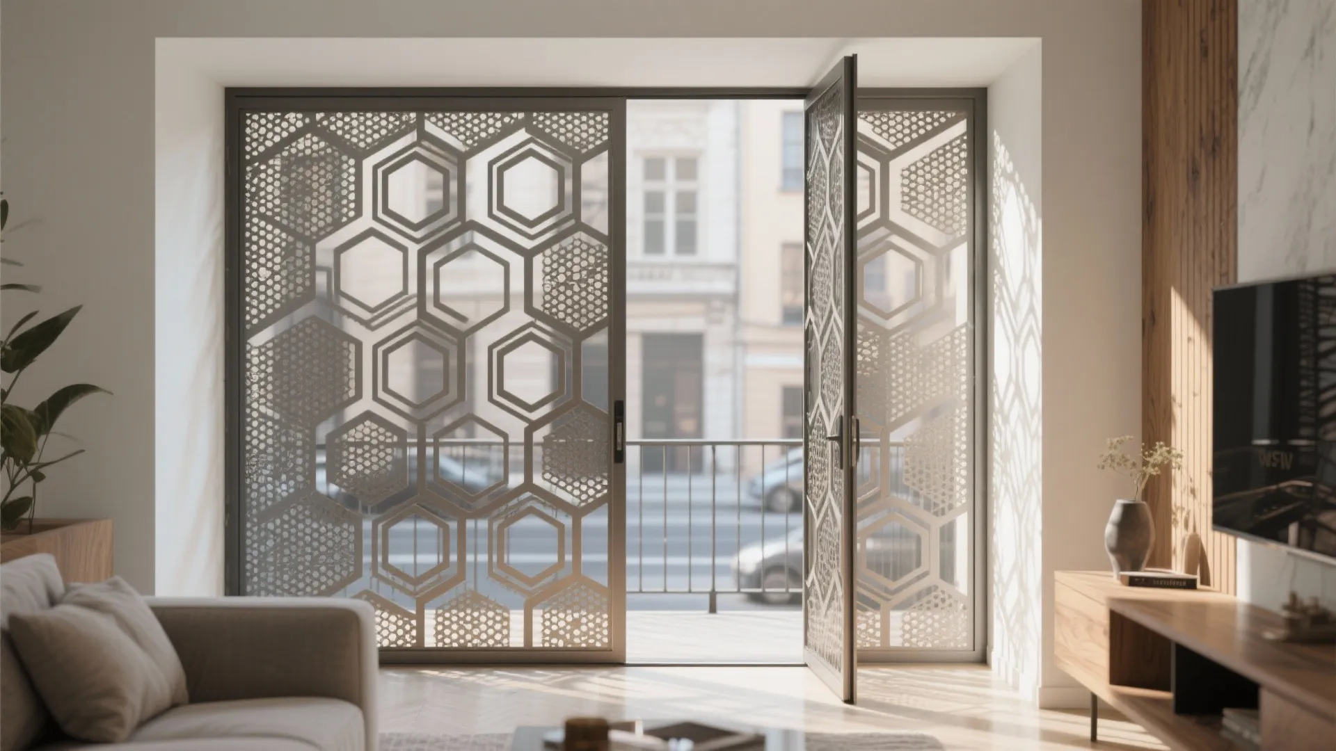 Geometric or Perforated Balcony Grill Designs with Privacy