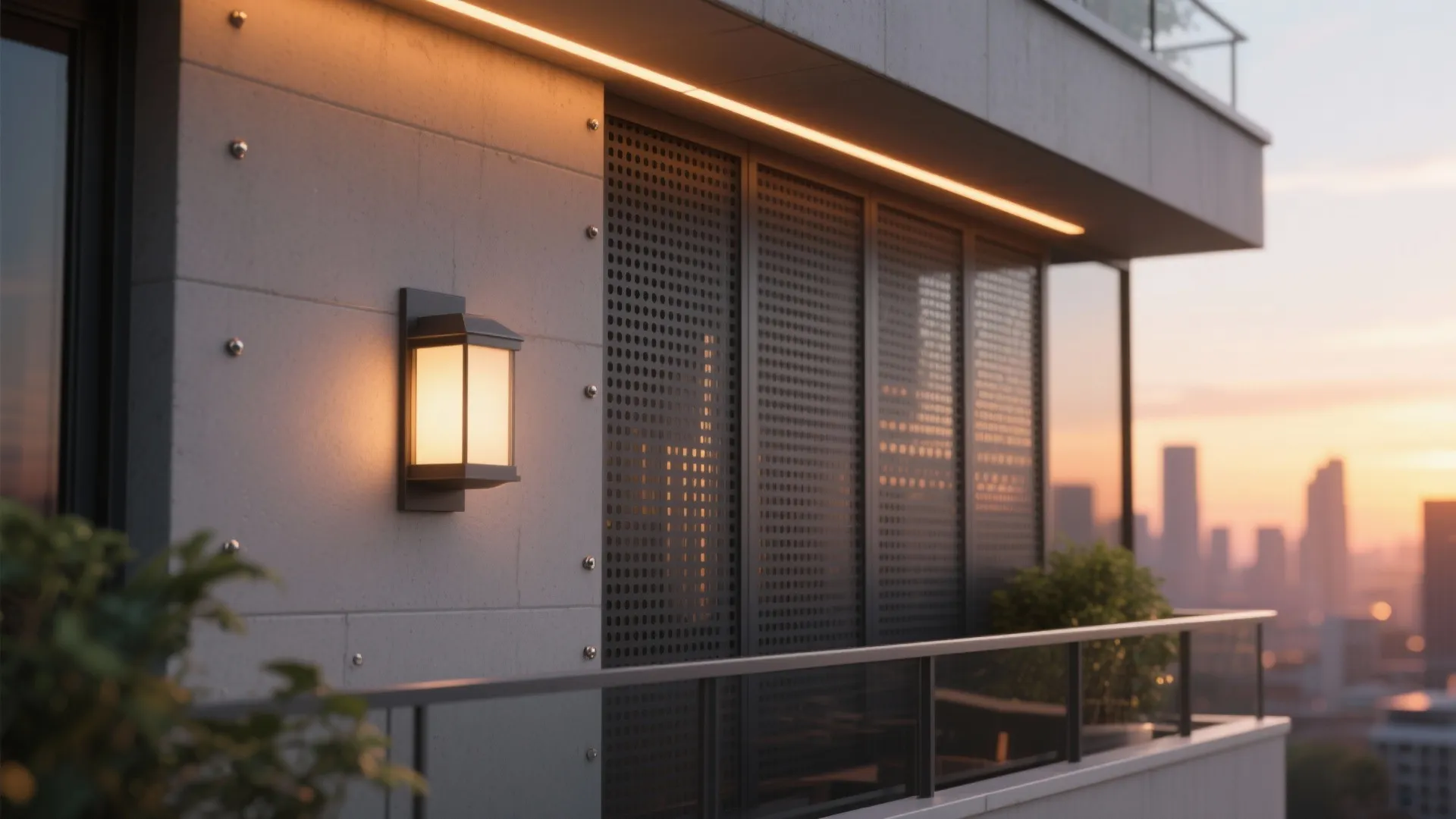 Perforated metal and subtle lighting: shade, privacy, sparkle