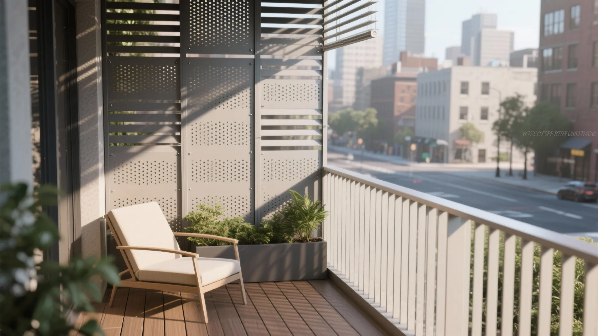 Bright balcony with wooden floor white chair grey privacy screen green plants and city street view