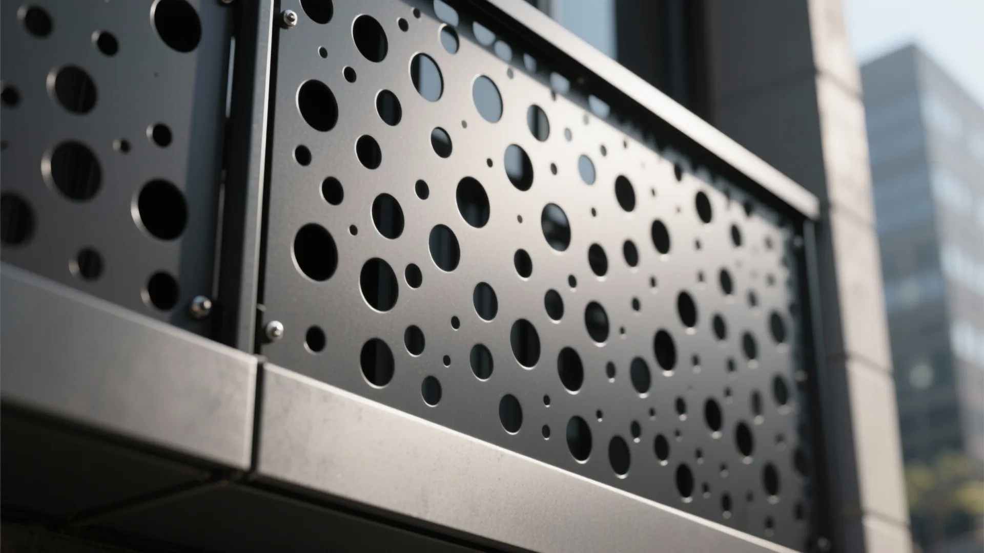 Macro detail of perforated steel balcony panel with rounded holes and matte dark finish.