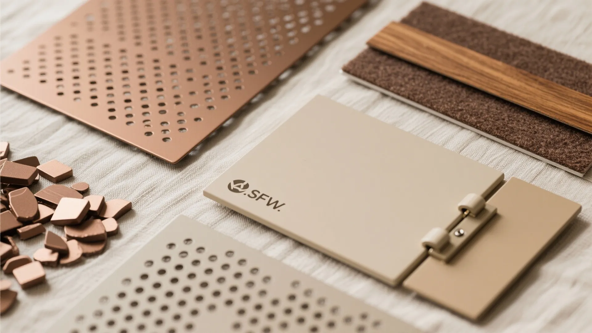 Interior design material samples including perforated metal plates wood and fabric on white linen cloth