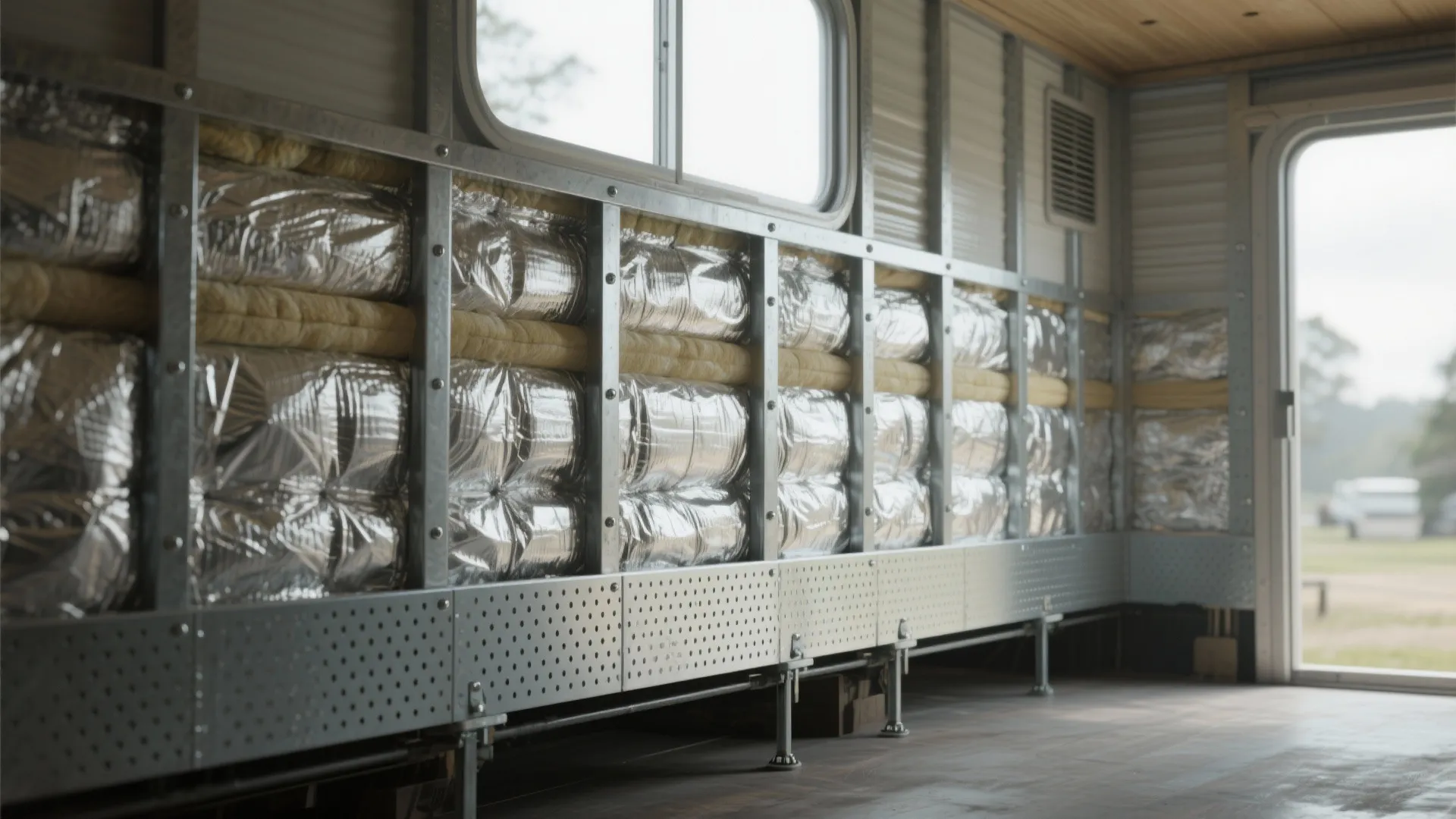 Interior room wall under construction showing silver insulation material and metal frame with grey floor