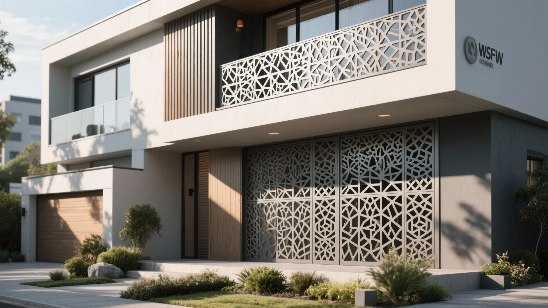 Modern white house with decorative grey metal patterned screens on the balcony and ground floor
