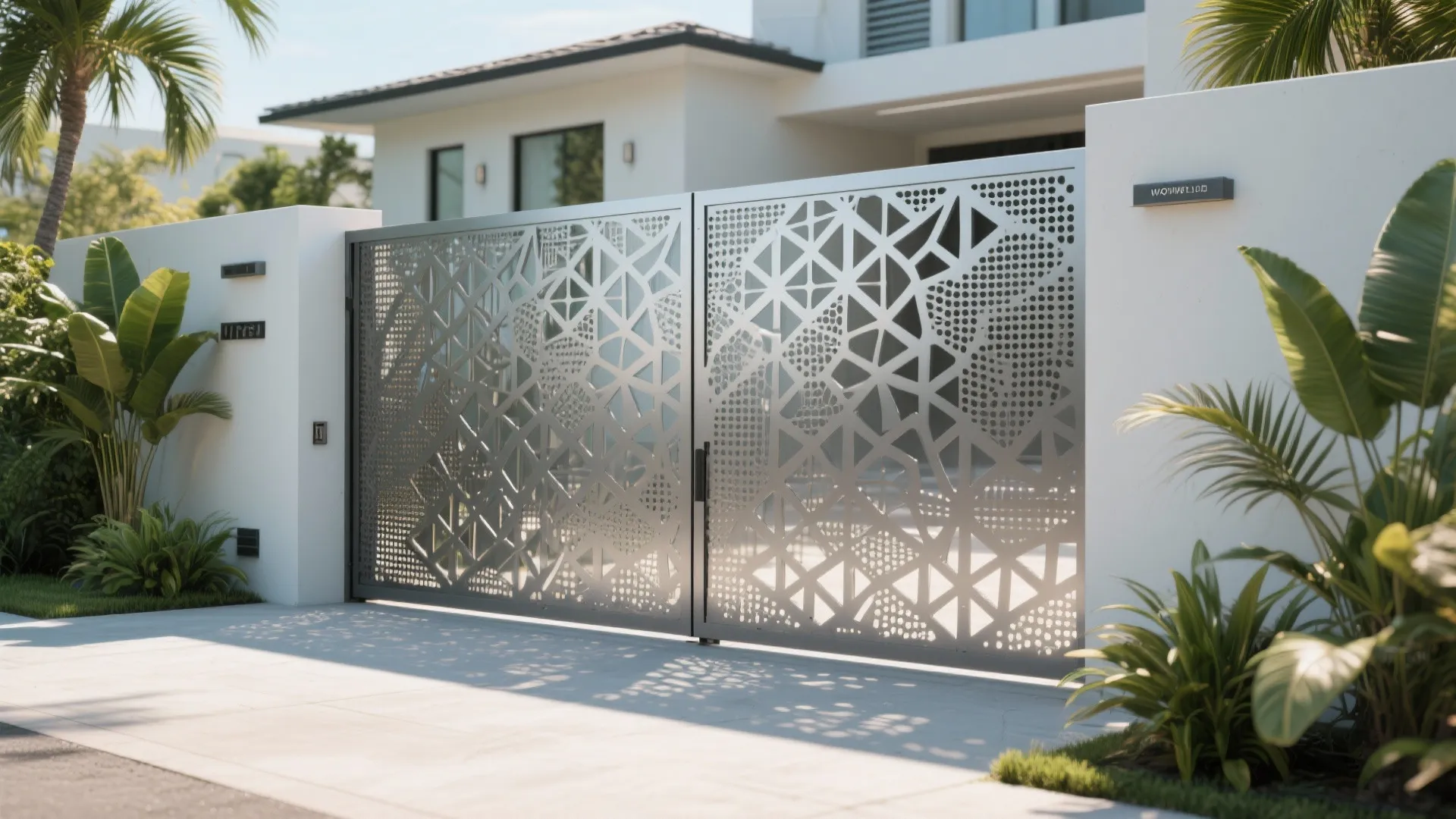 Silver metal gate with geometric patterns in front of a white modern house and palm trees