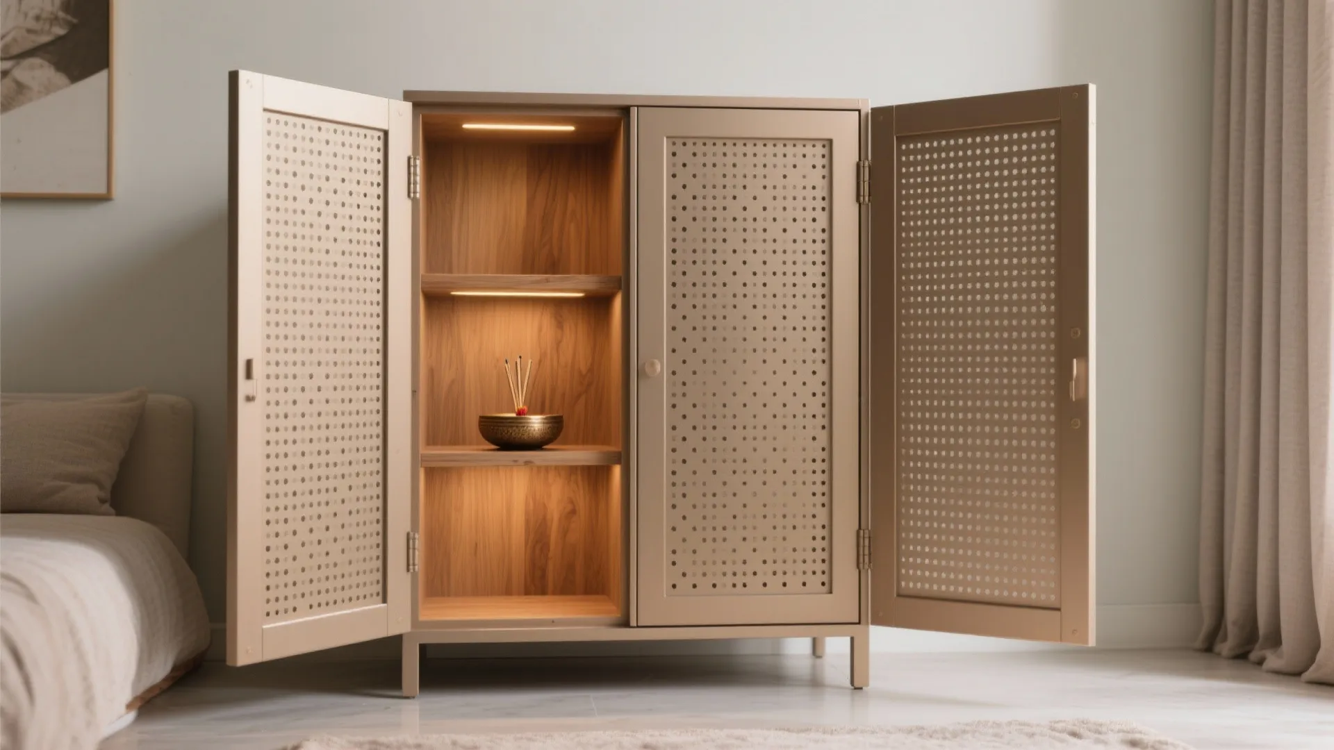 Beige cabinet with open mesh doors revealing wooden shelves with light and a small bowl