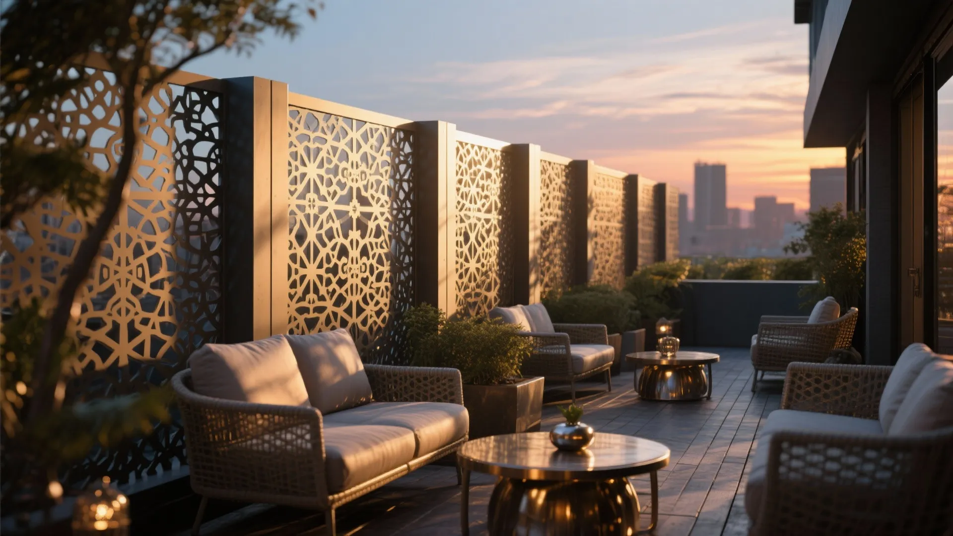 Rooftop terrace at sunset with patterned metal screens, woven sofas, round tables, and city view