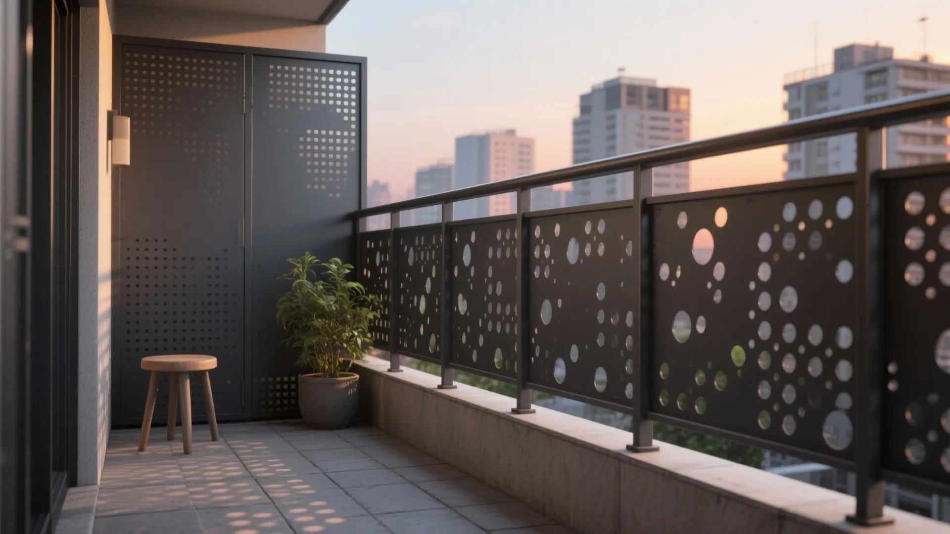 Balcony with dark metal perforated railing, wooden stool, potted plant and city view at sunset