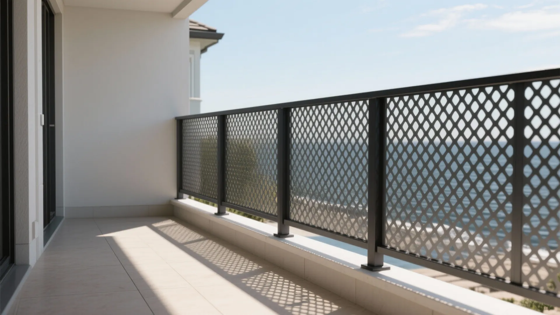Powder-coated perforated aluminum balcony panels cast soft geometric shadows while allowing airflow.