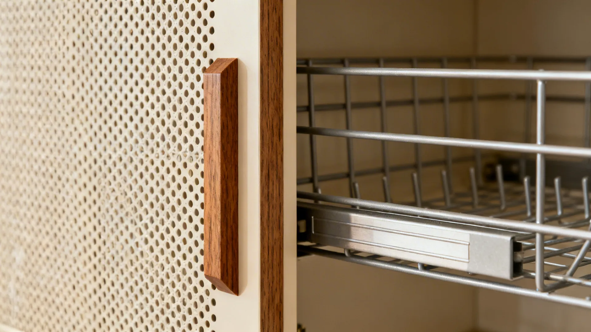 Macro of perforated cabinet panel and steel rack with teak trim in a minimal kitchen.