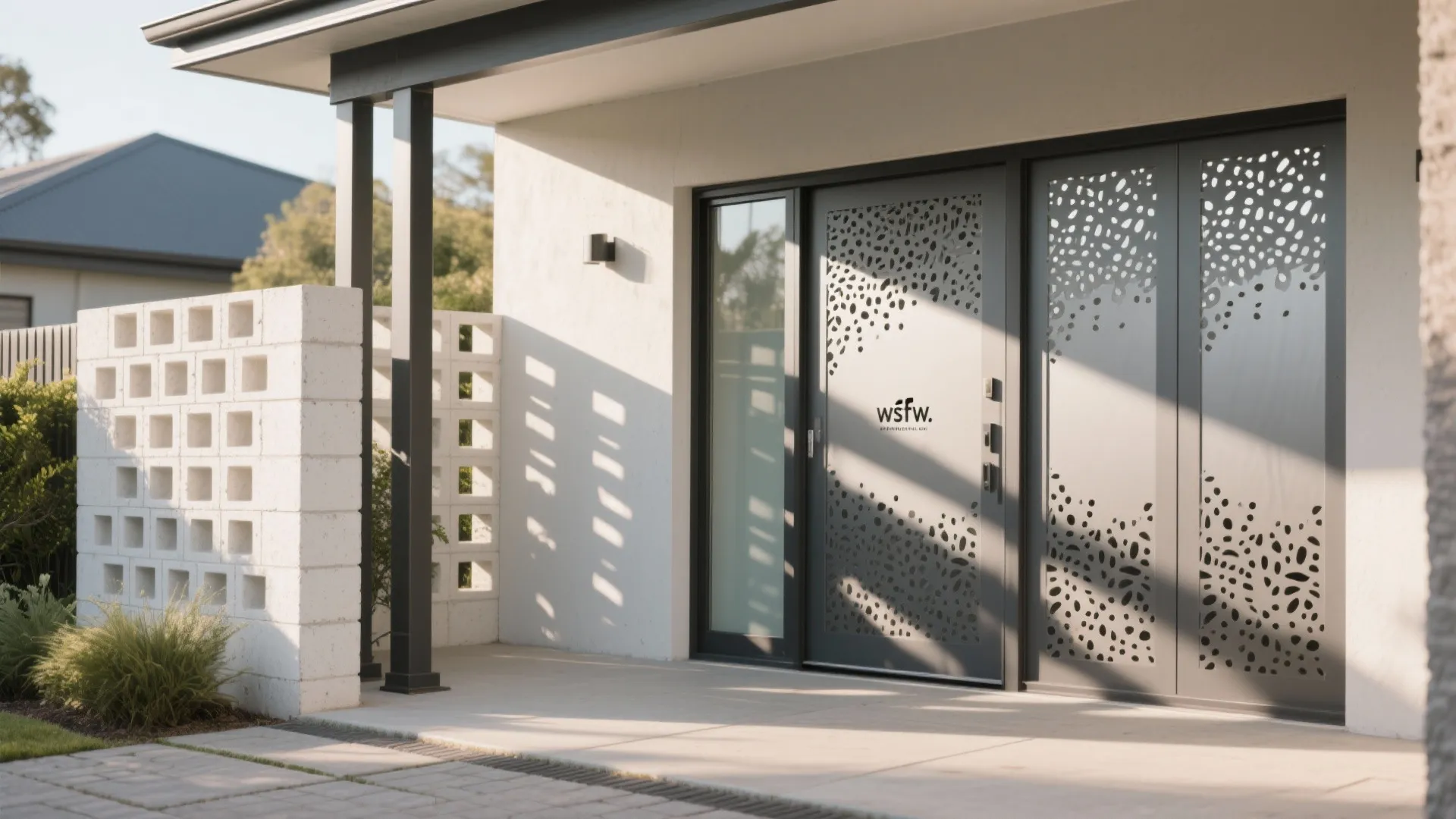 Grey metal front door with decorative hole patterns next to a white brick wall feature