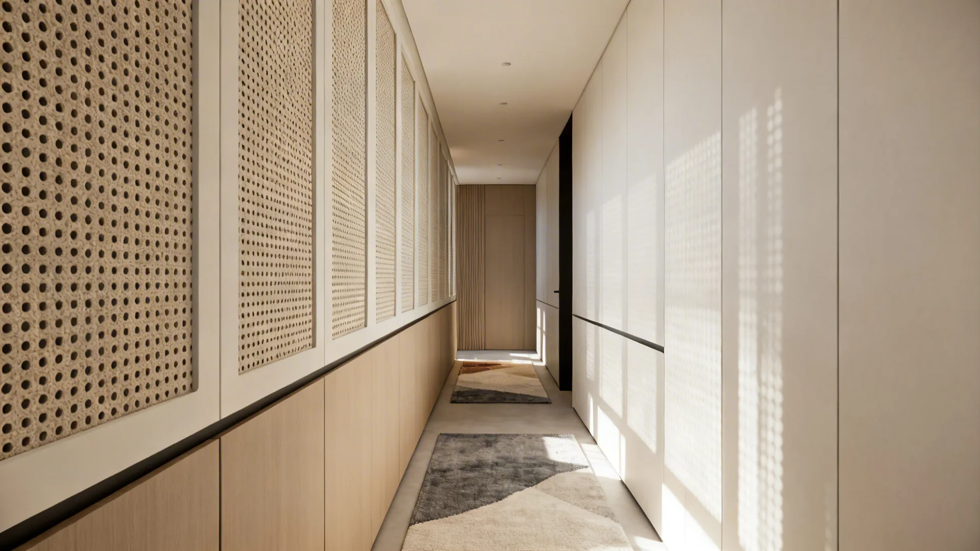 Narrow living area with perforated POP acoustic panels on the wall.