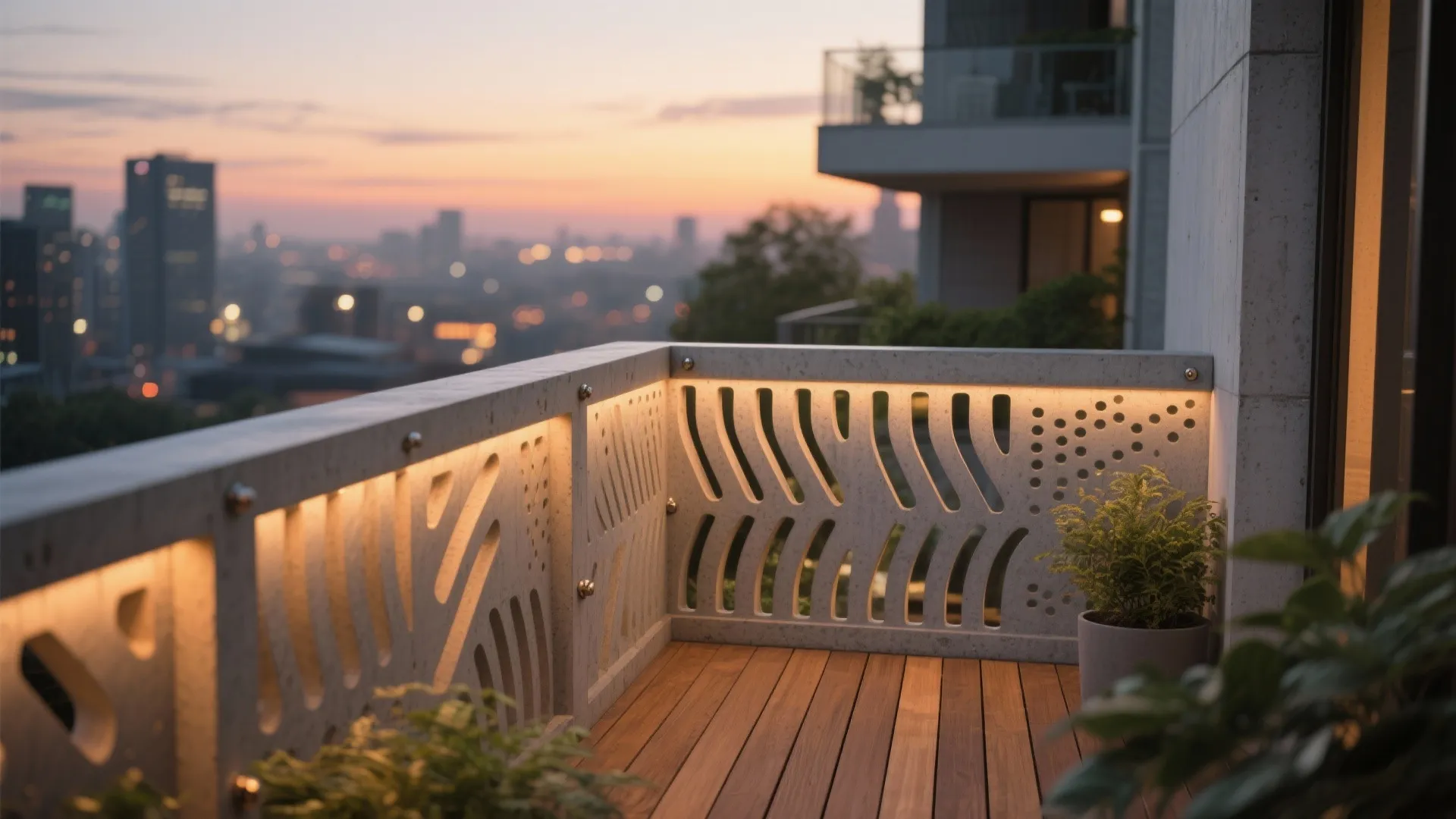 Outdoor balcony with wooden floor decorative wall panels warm hidden lights and sunset city view