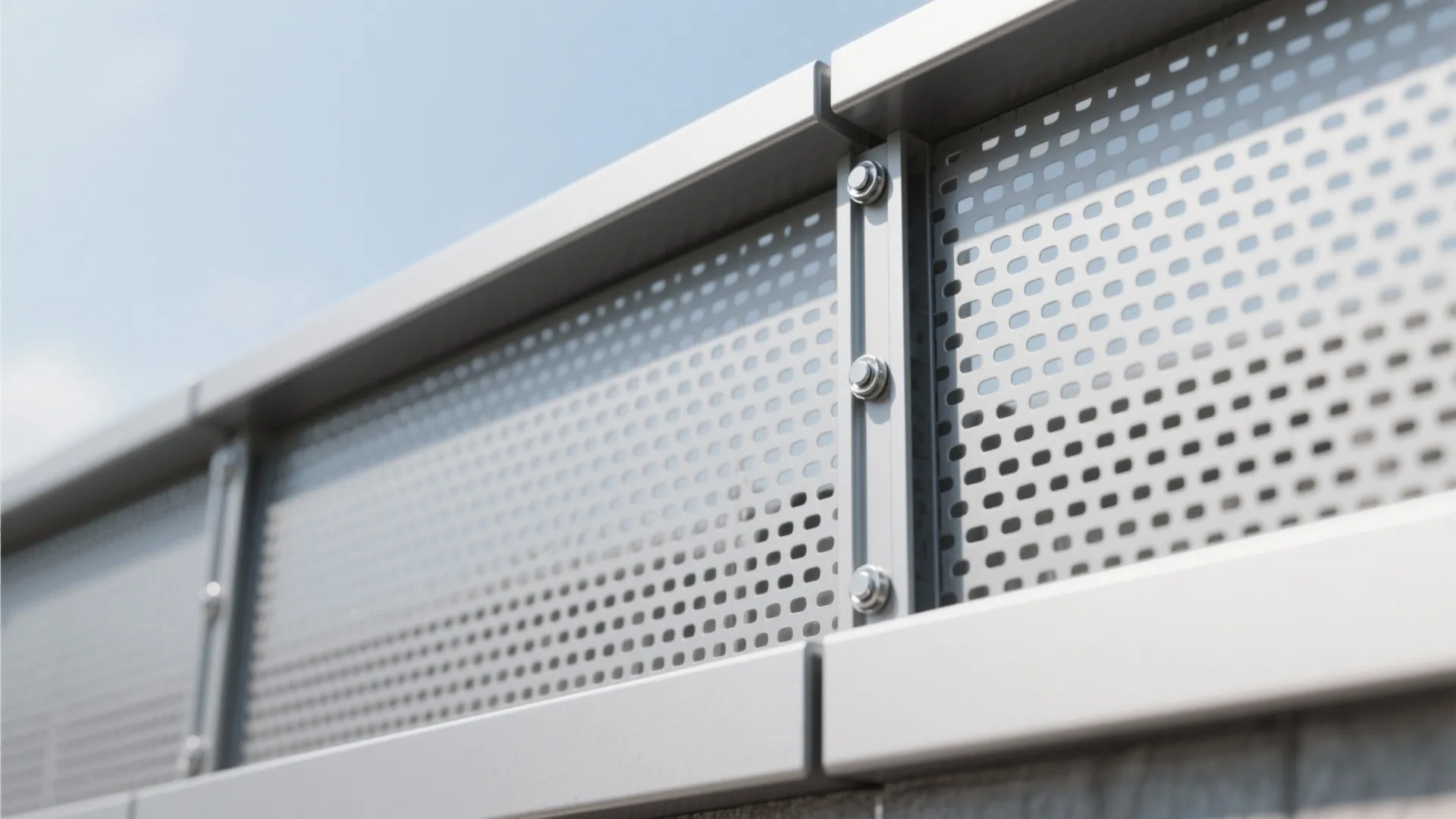 Gray metal screen with small holes and metal frame held together by silver bolts under sky