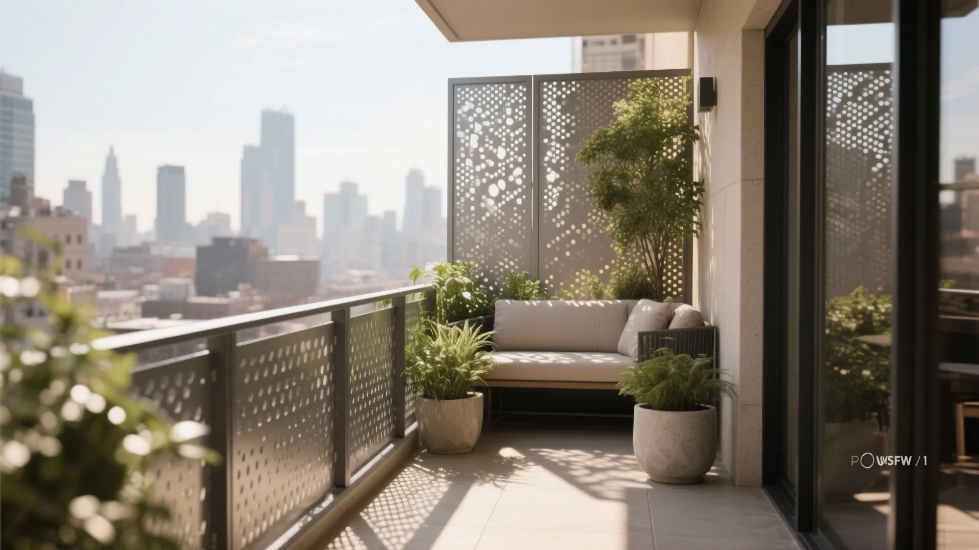 Apartment balcony with a perforated metal privacy screen, soft dappled light, and compact seating.