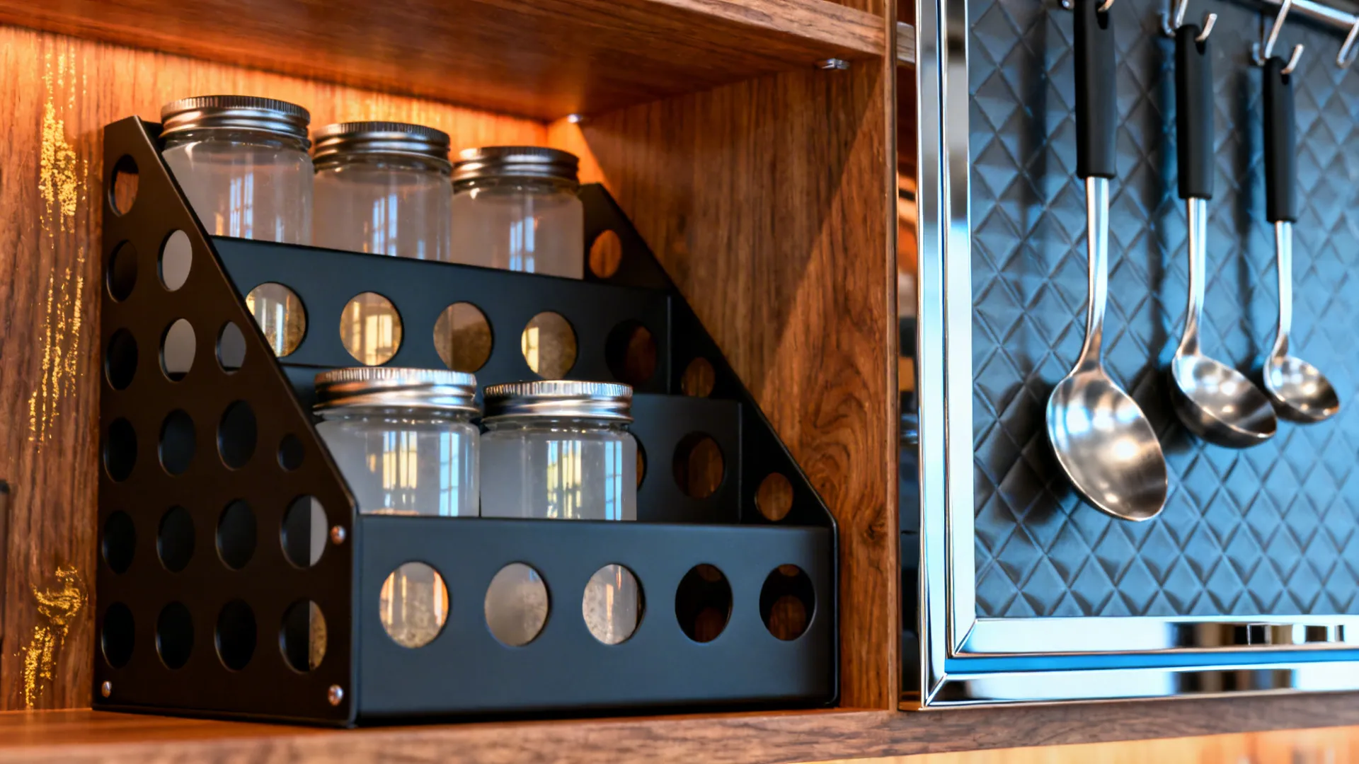 Macro of perforated metal shelf organizer with spices and matte finishes in a minimalist kitchen.