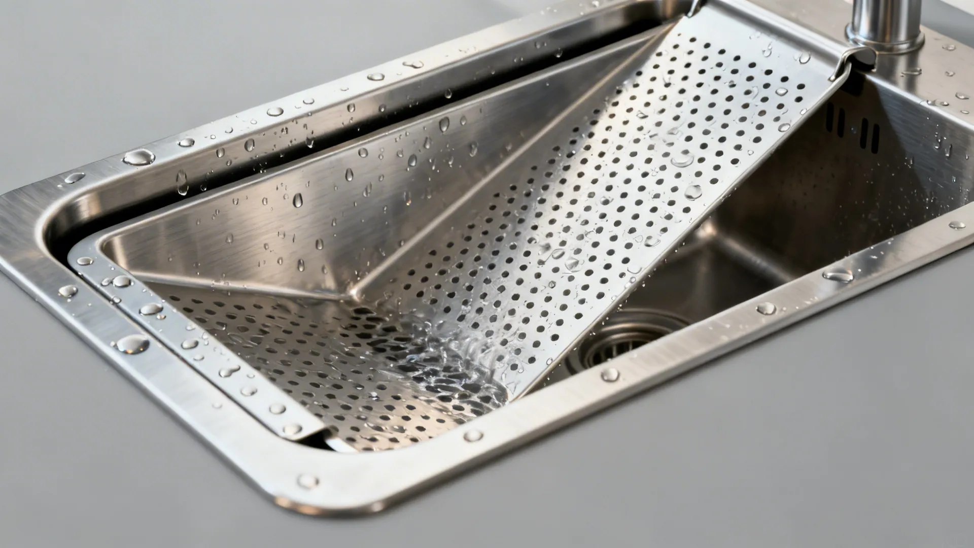 Macro of a perforated stainless tray with water draining into a catch pan.