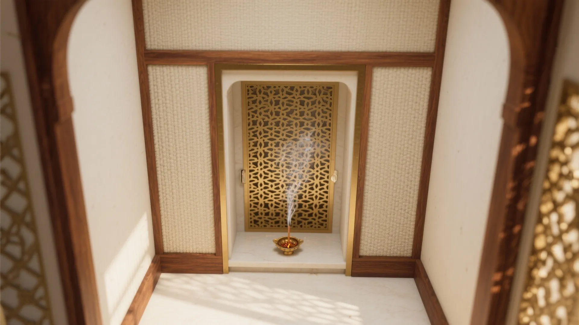 Small gold patterned wall panel inside a marble niche with burning incense in the foreground