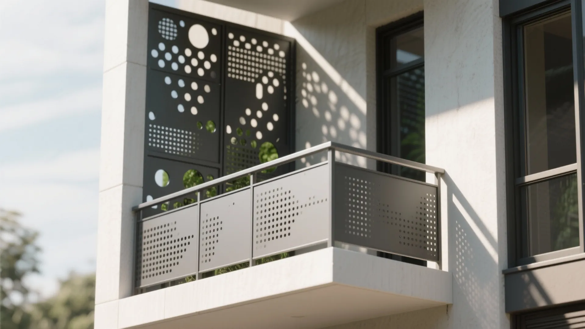 Modern balcony featuring grey metal privacy screens with circular patterns and a simple metal handrail design