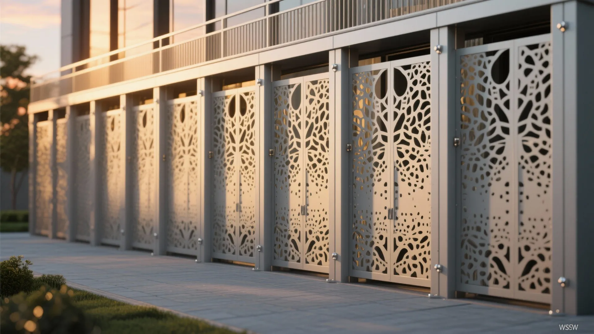 Decorative metal gates with leaf pattern cutouts standing in a row outside a modern building