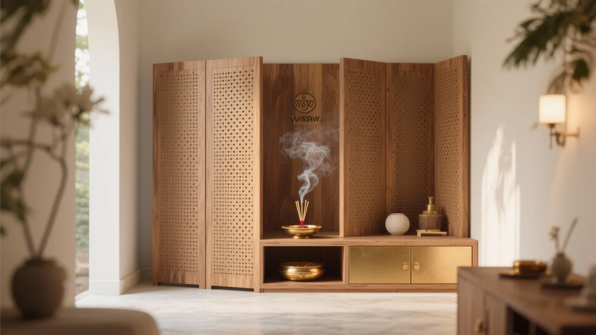 CNC-cut veneered plywood screens with micro perforations ventilating a compact pooja corner.