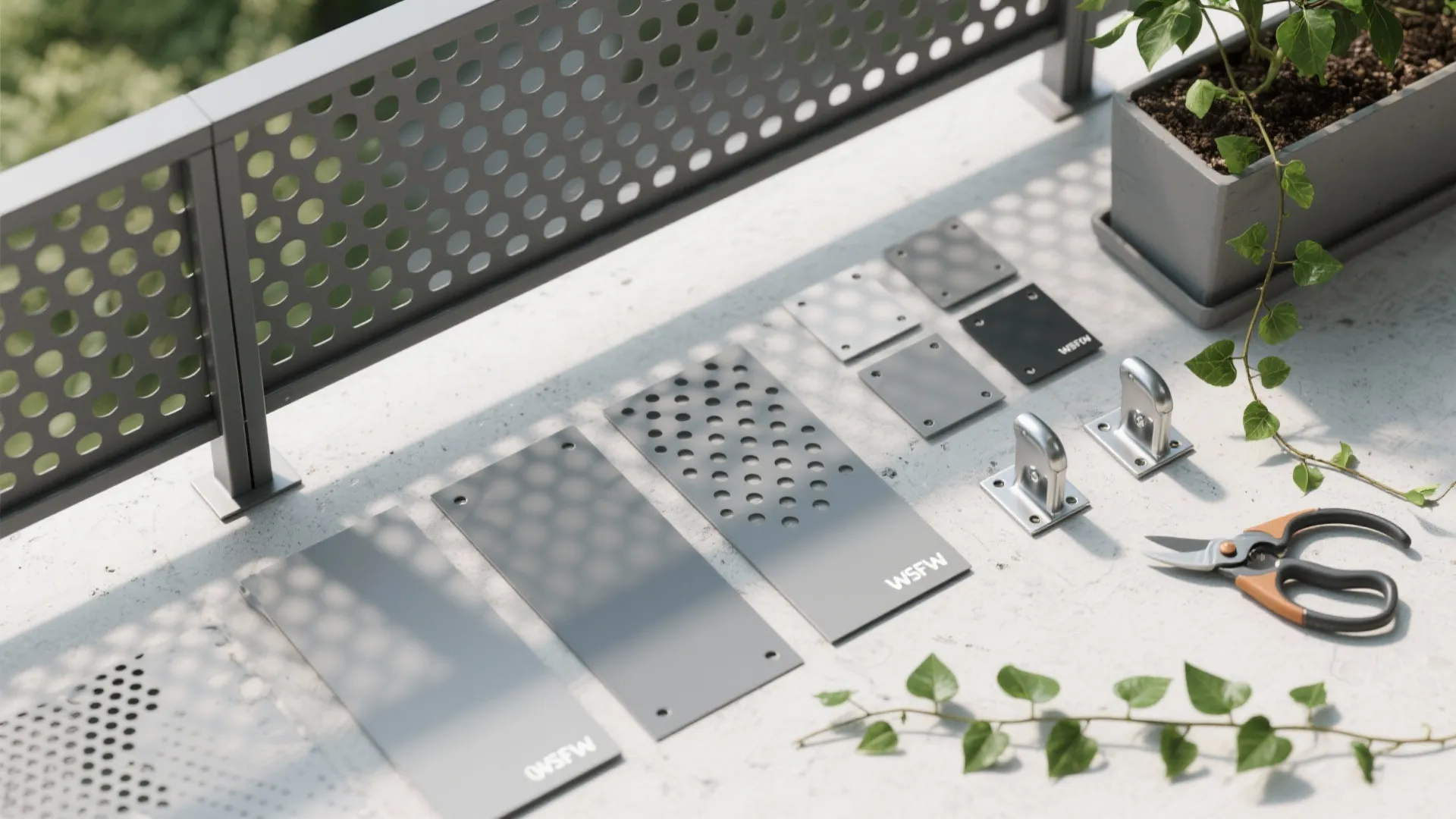 Metal installation kit featuring grey perforated plates silver brackets orange garden shears and green climbing plants