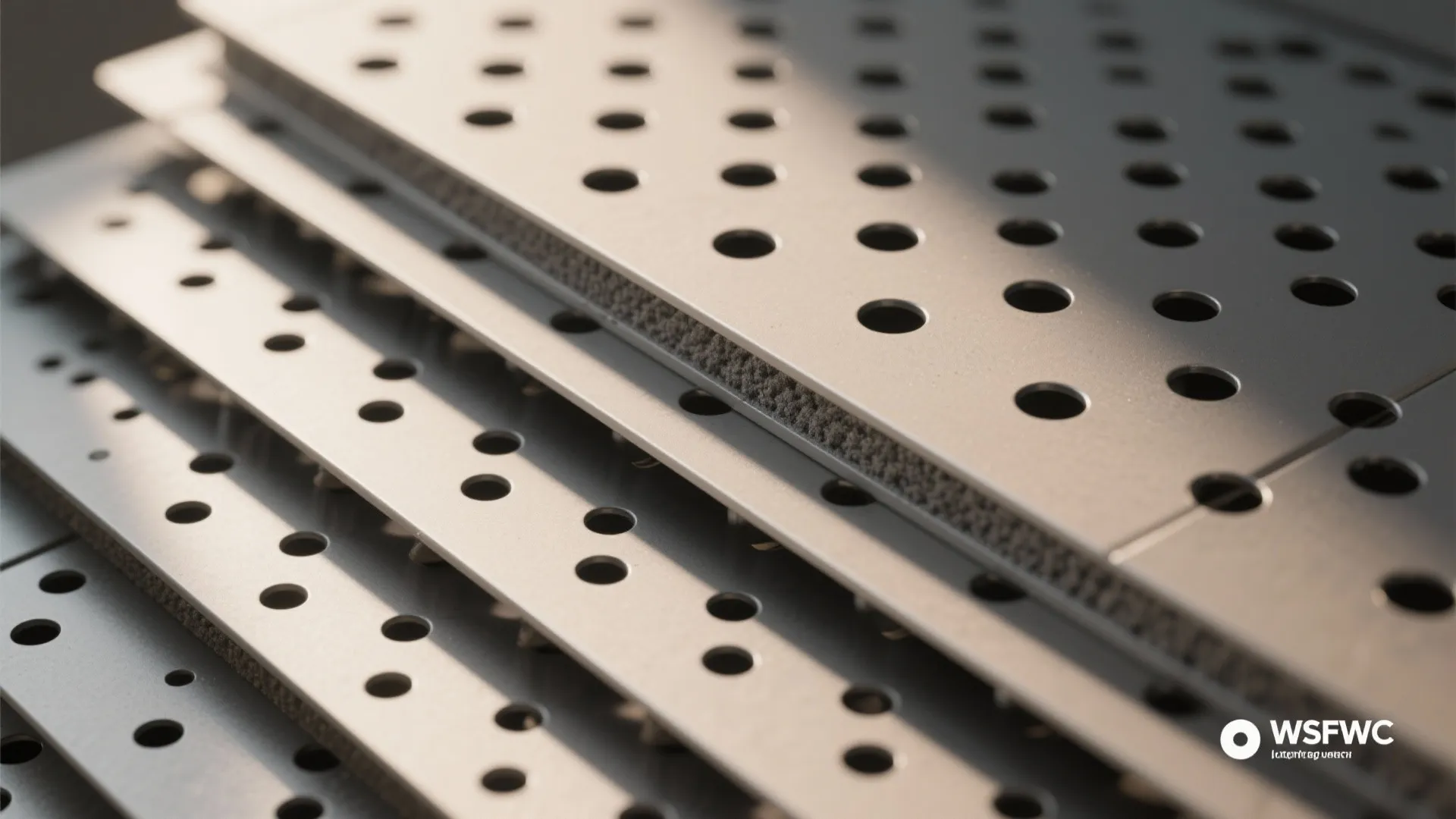 Stacked grey metal wall panels with small round holes and soft lighting in close up