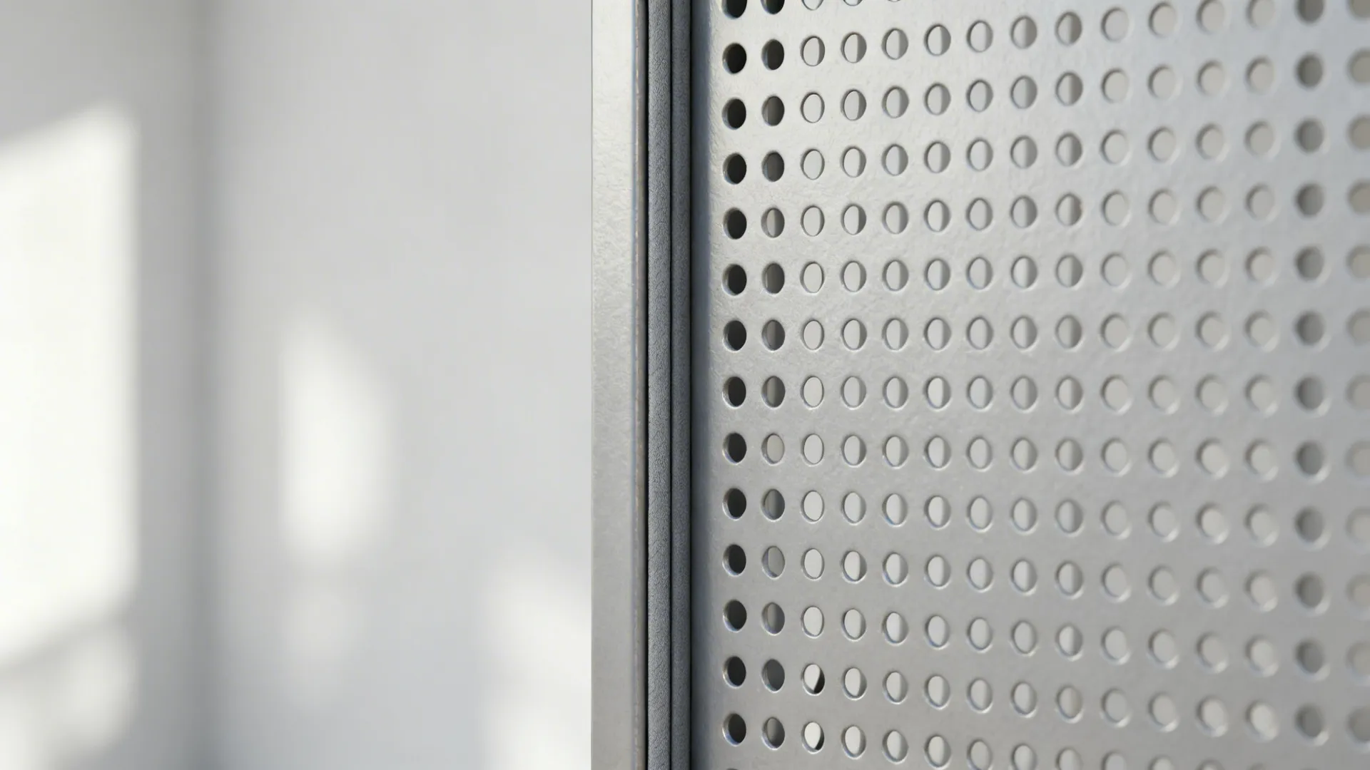 Macro detail of matte powder-coated perforated metal jali with clean round holes and soft gasket.